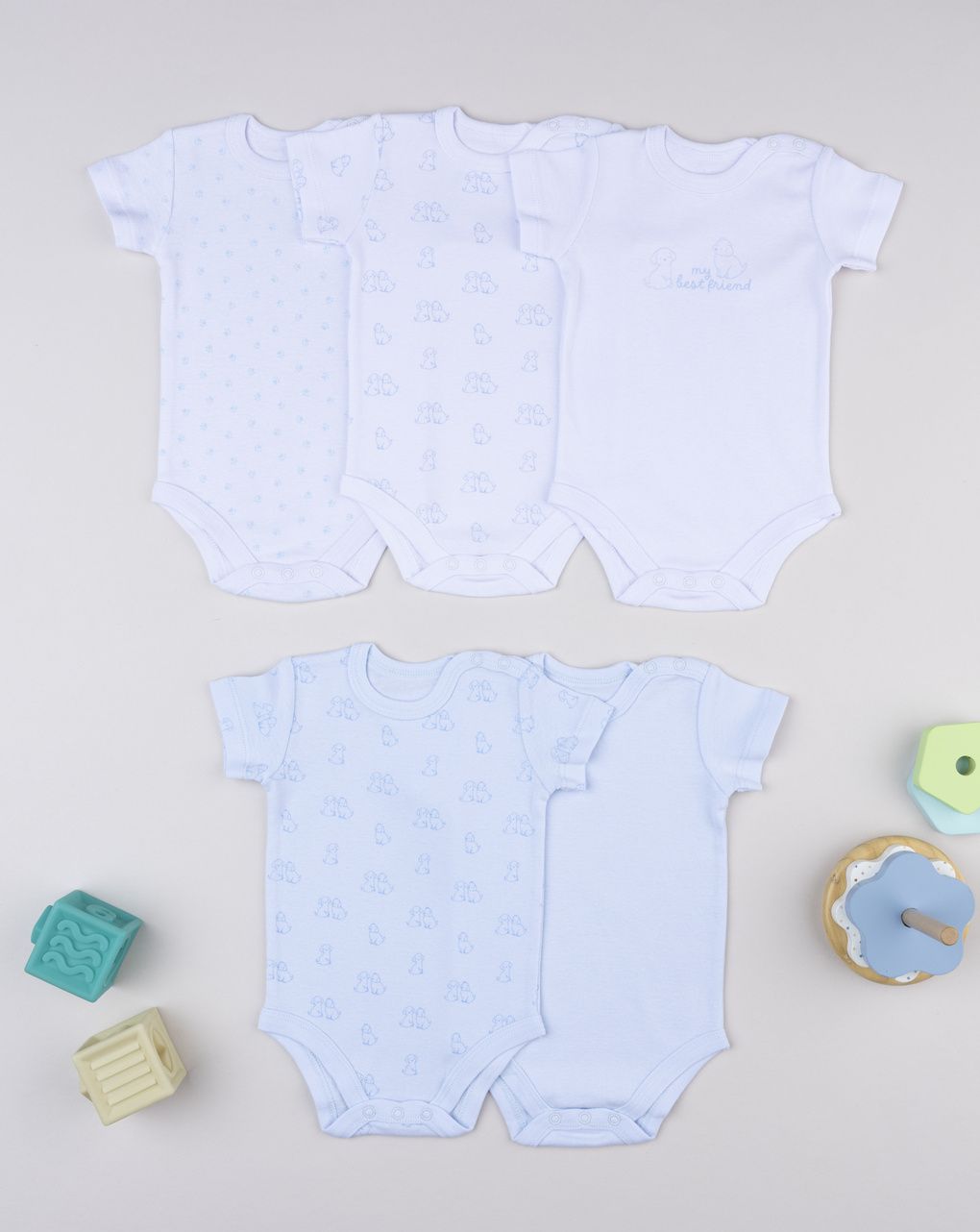 Pack 5 body girocollo bianco/azzurro