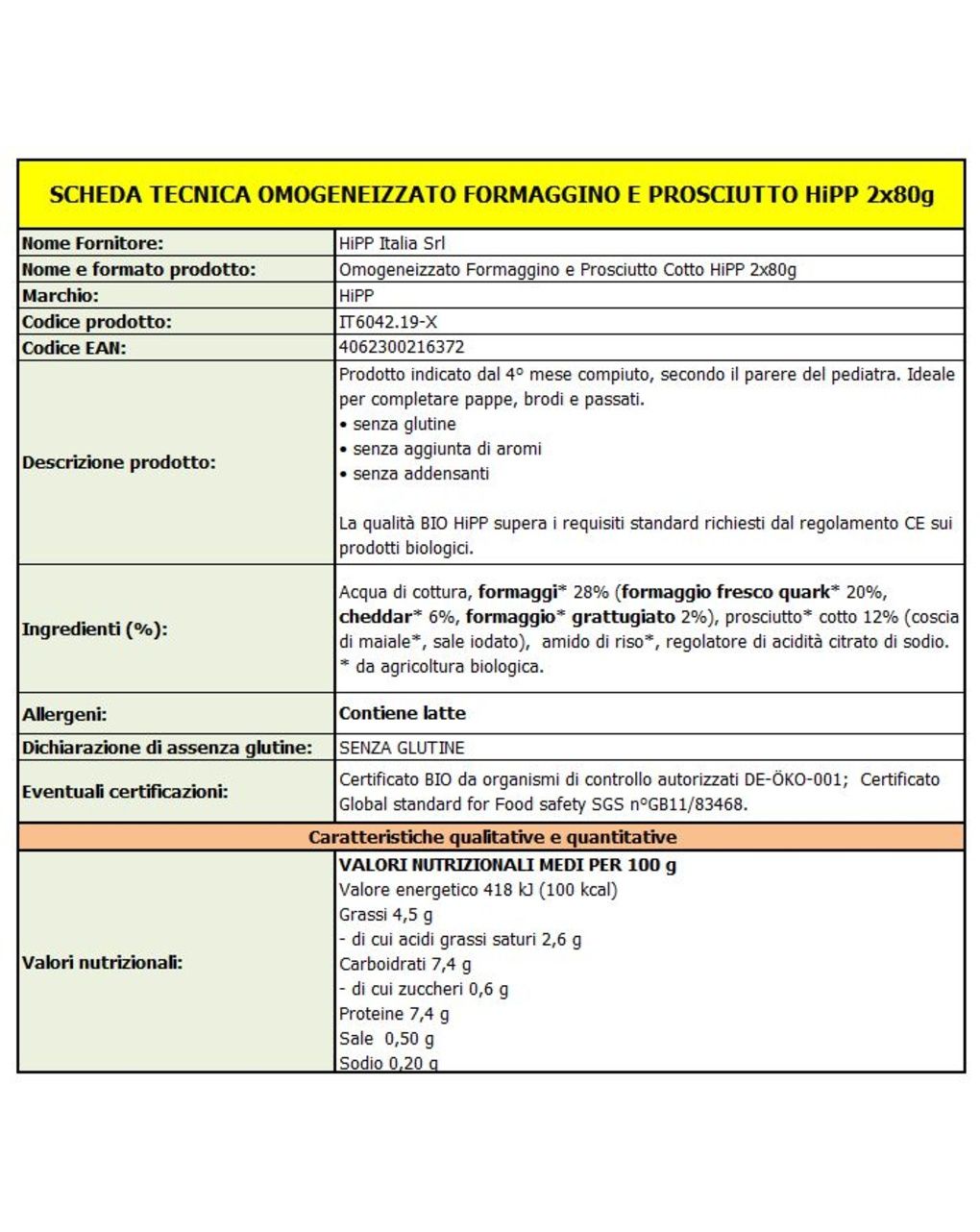 Omogeneizzato formaggino e prosciutto 2x80g - hipp