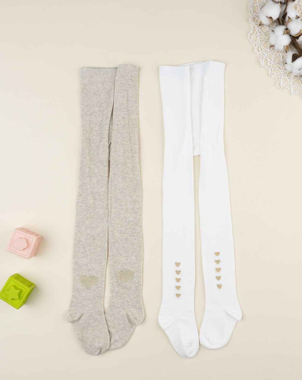Pack 2 collant bimba beige/bianco cuori
