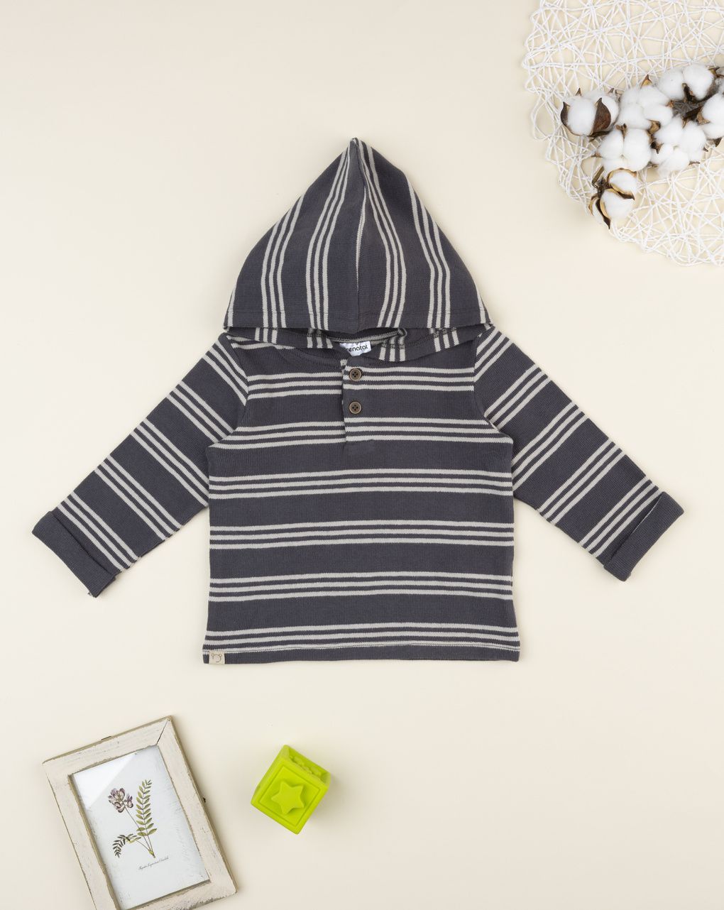 Maglia bimbo rigata grigio/beige con cappuccio