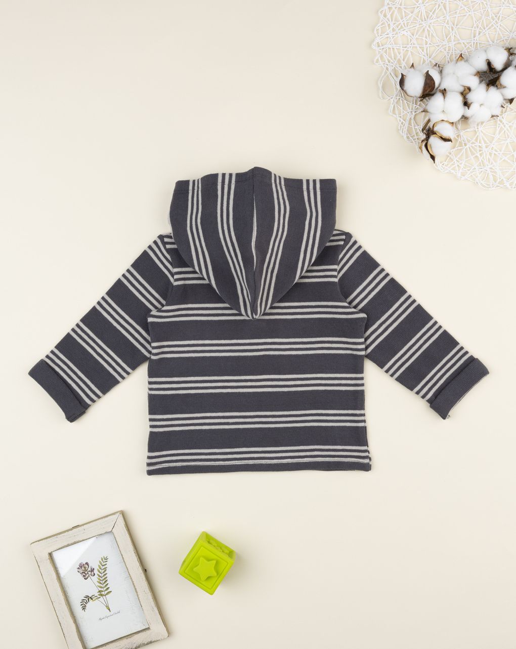 Maglia bimbo rigata grigio/beige con cappuccio