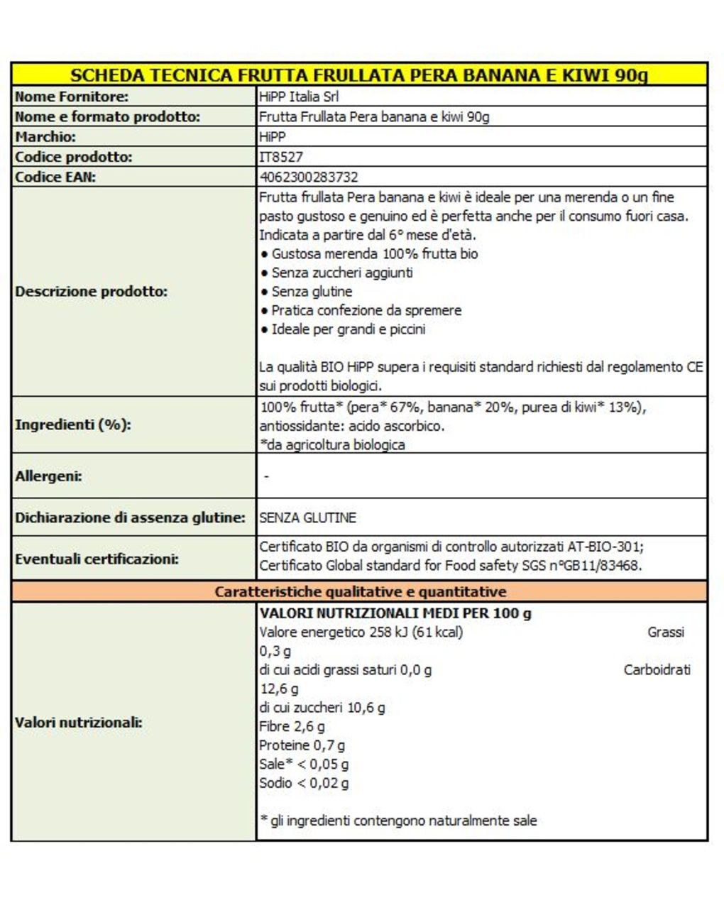 Frutta frullata pera, banana e kiwi 90g - hipp