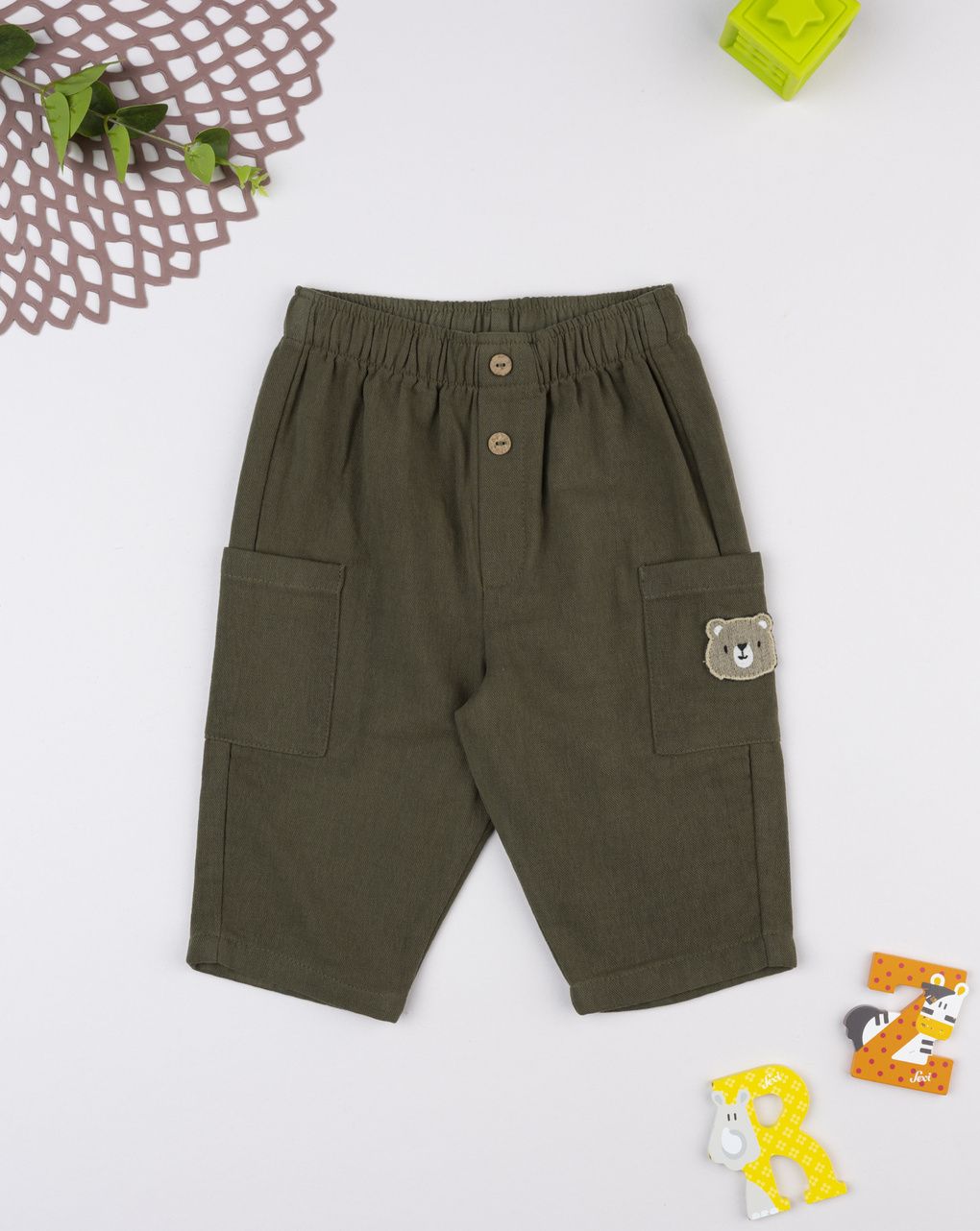 Pantalone bimbo verde patch orso