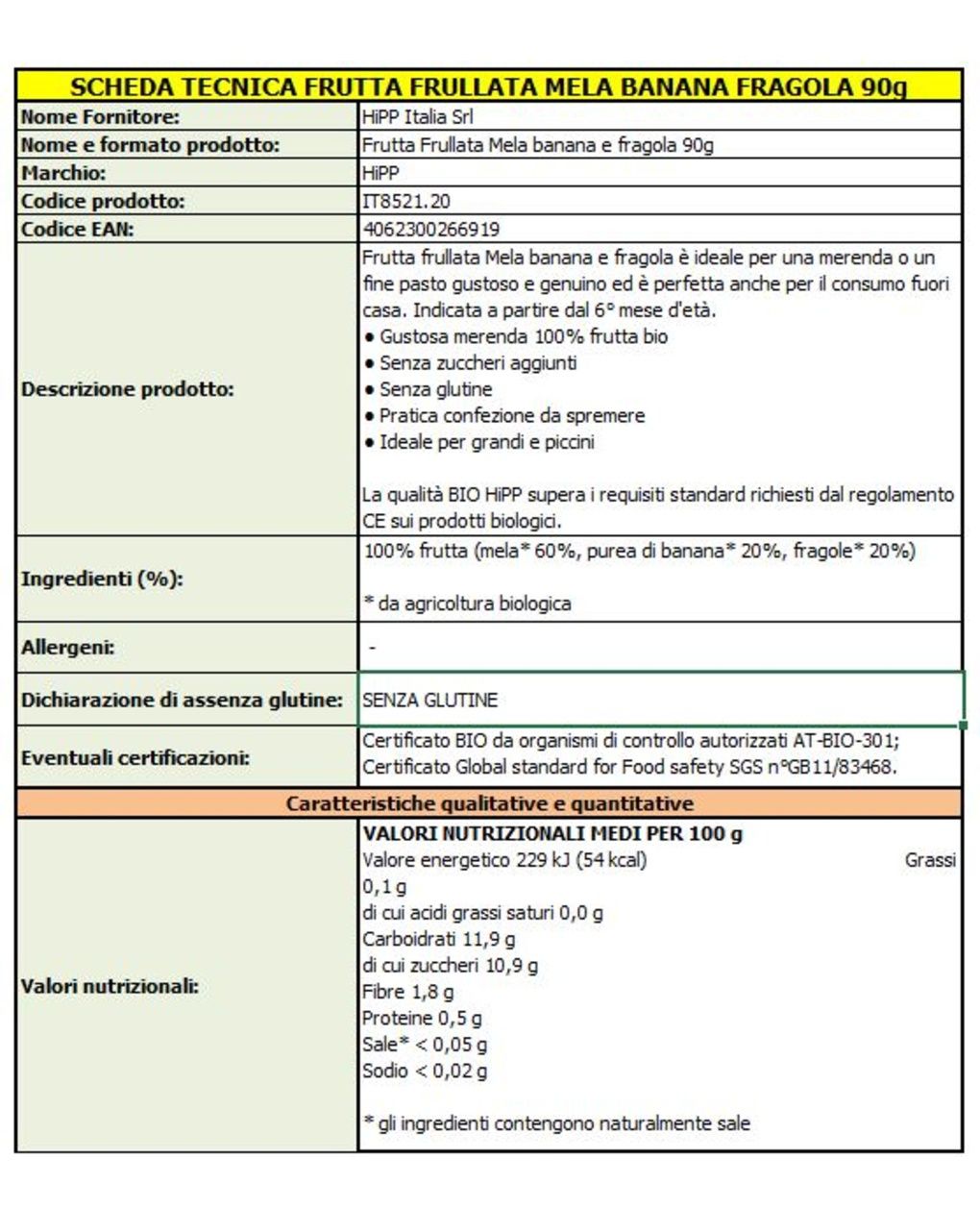 Frutta frullata mela, banana e fragola 90g - hipp