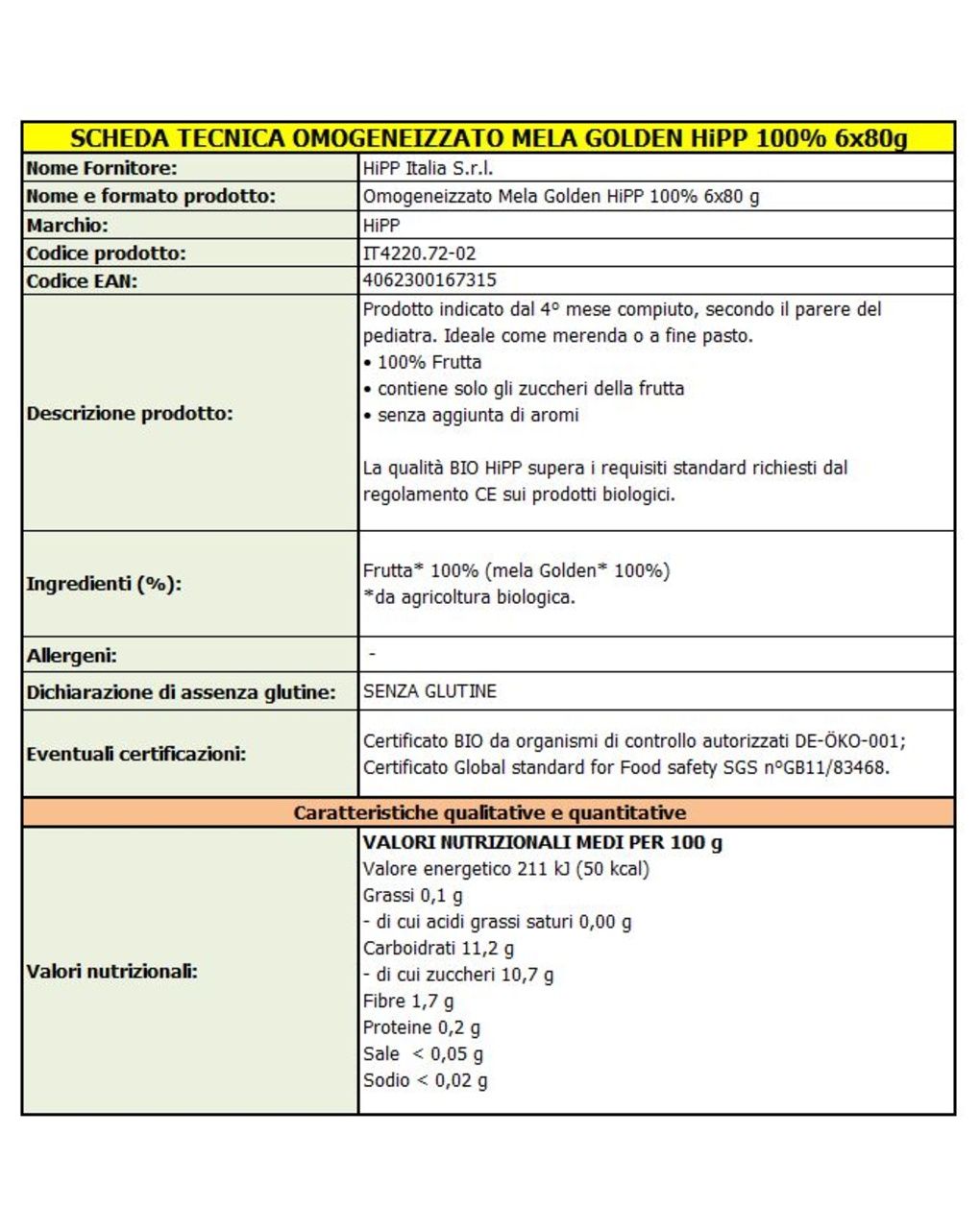 Omogeneizzato mela golden 100% 6x80g - hipp