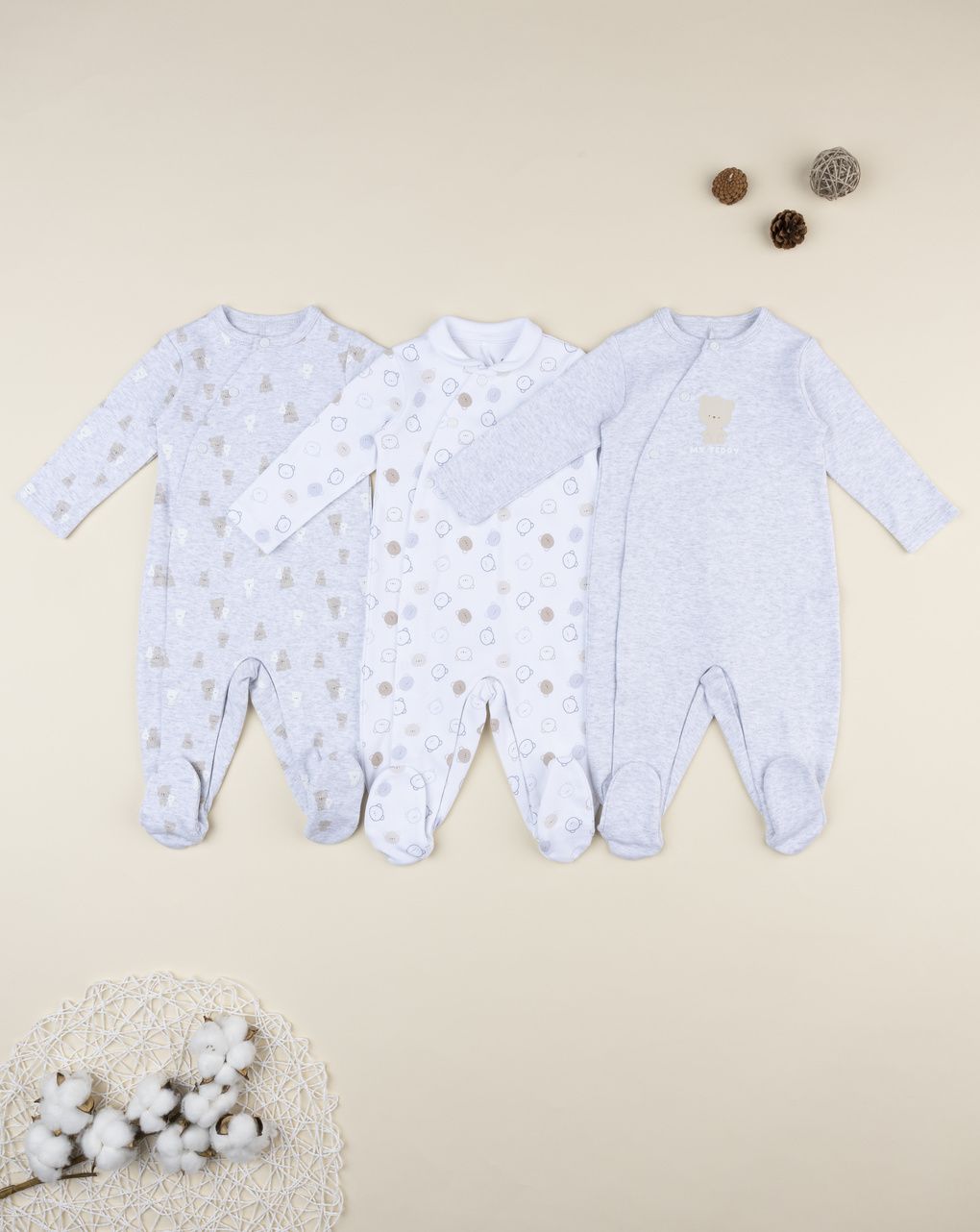 Pack 3 tutine neonato grigio/bianco orsetti