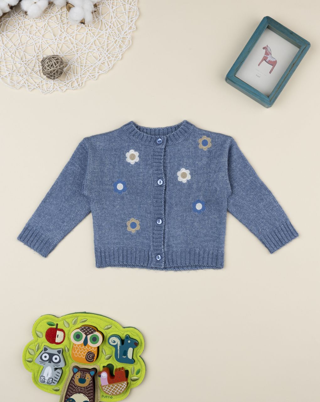 Cardigan bimba blu ricami fiori