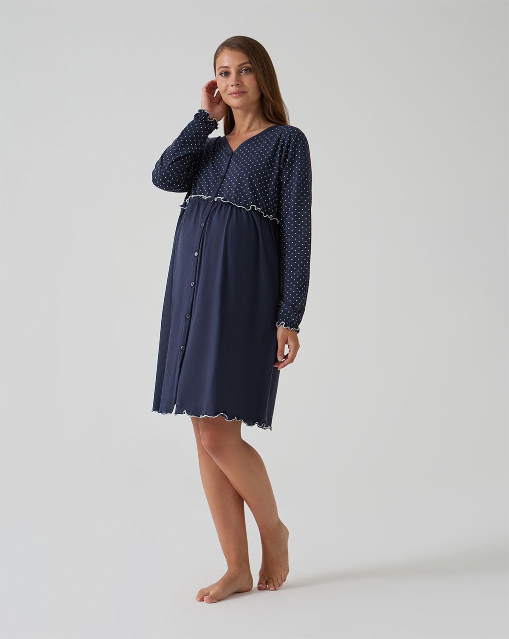 Camicia da notte premaman blu scuro con rouches e pois