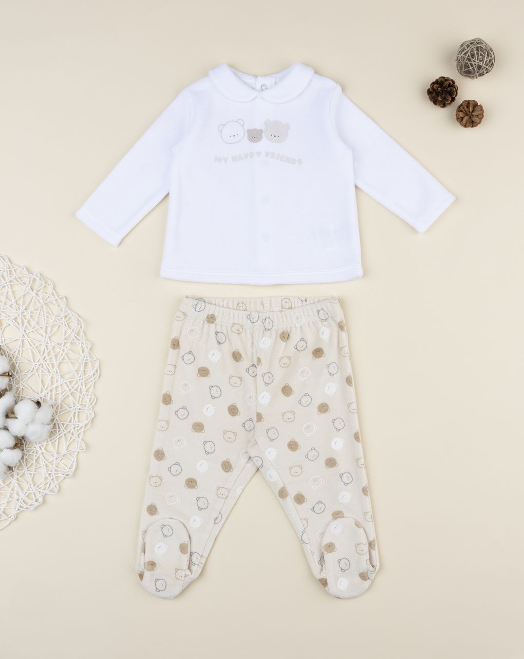 Completo due pezzi bimbo bianco/beige orsetti