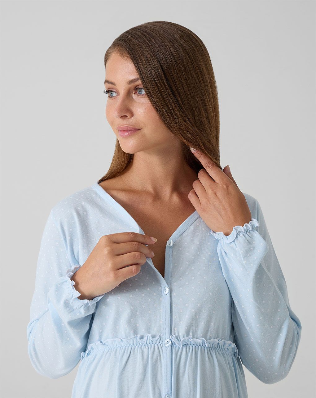 Camicia da notte premaman azzurra con rouches e pois