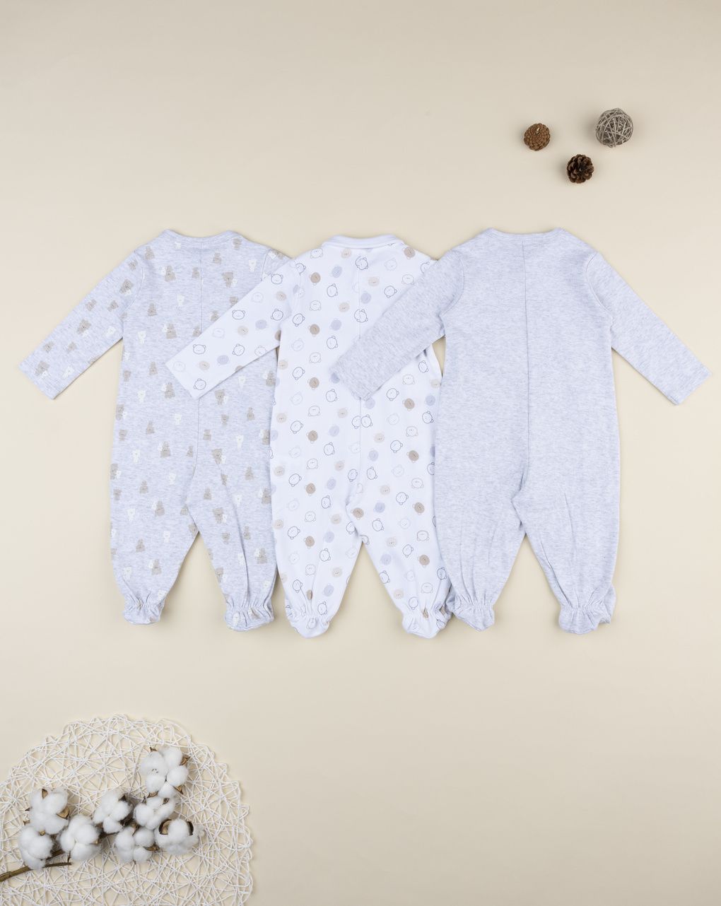 Pack 3 tutine neonato grigio/bianco orsetti