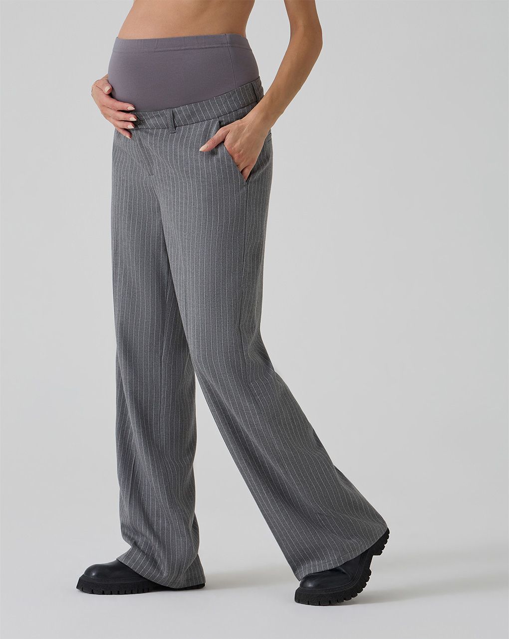 Pantalone premaman gamba larga gessato grigio