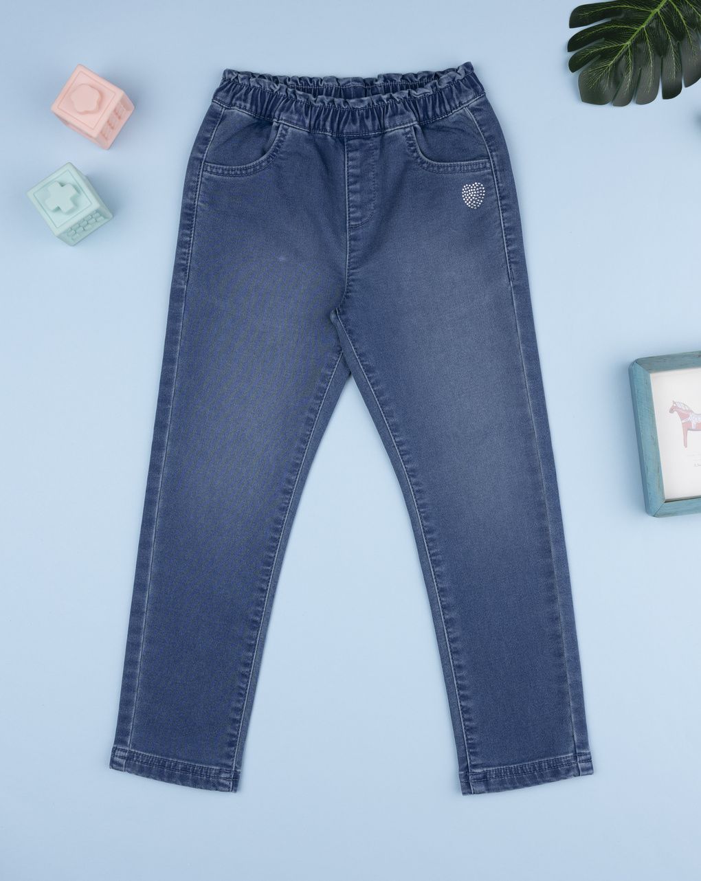 Pantalone denim bimba cuore strass