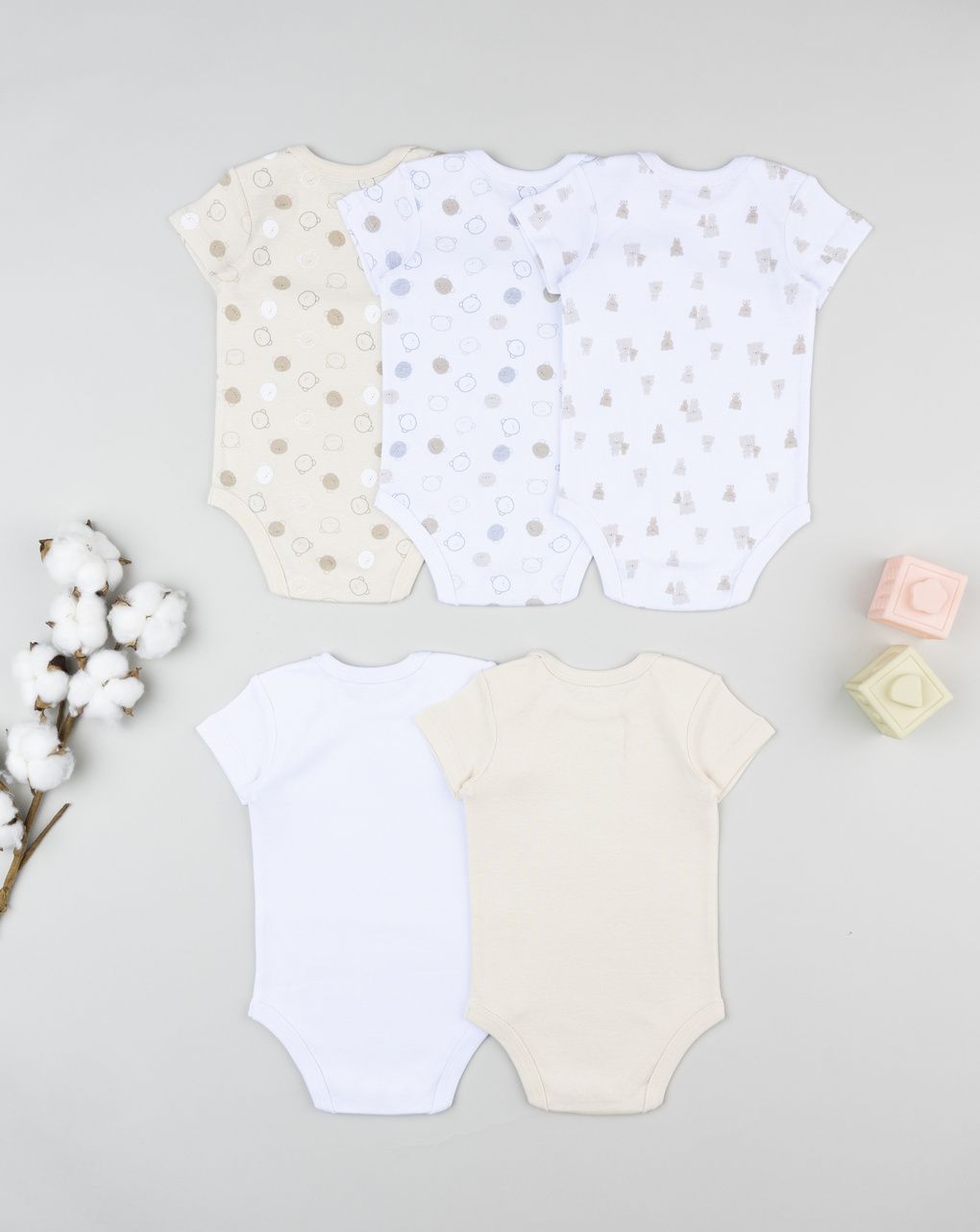 Pack 5 body neonato orsetto bianco/beige
