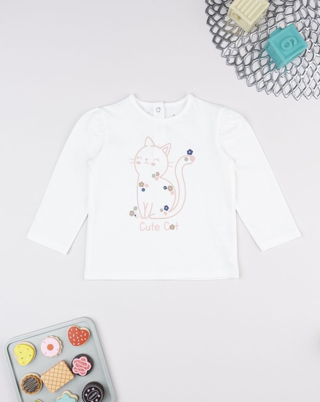 T-shirt bimba bianca stampa gattino