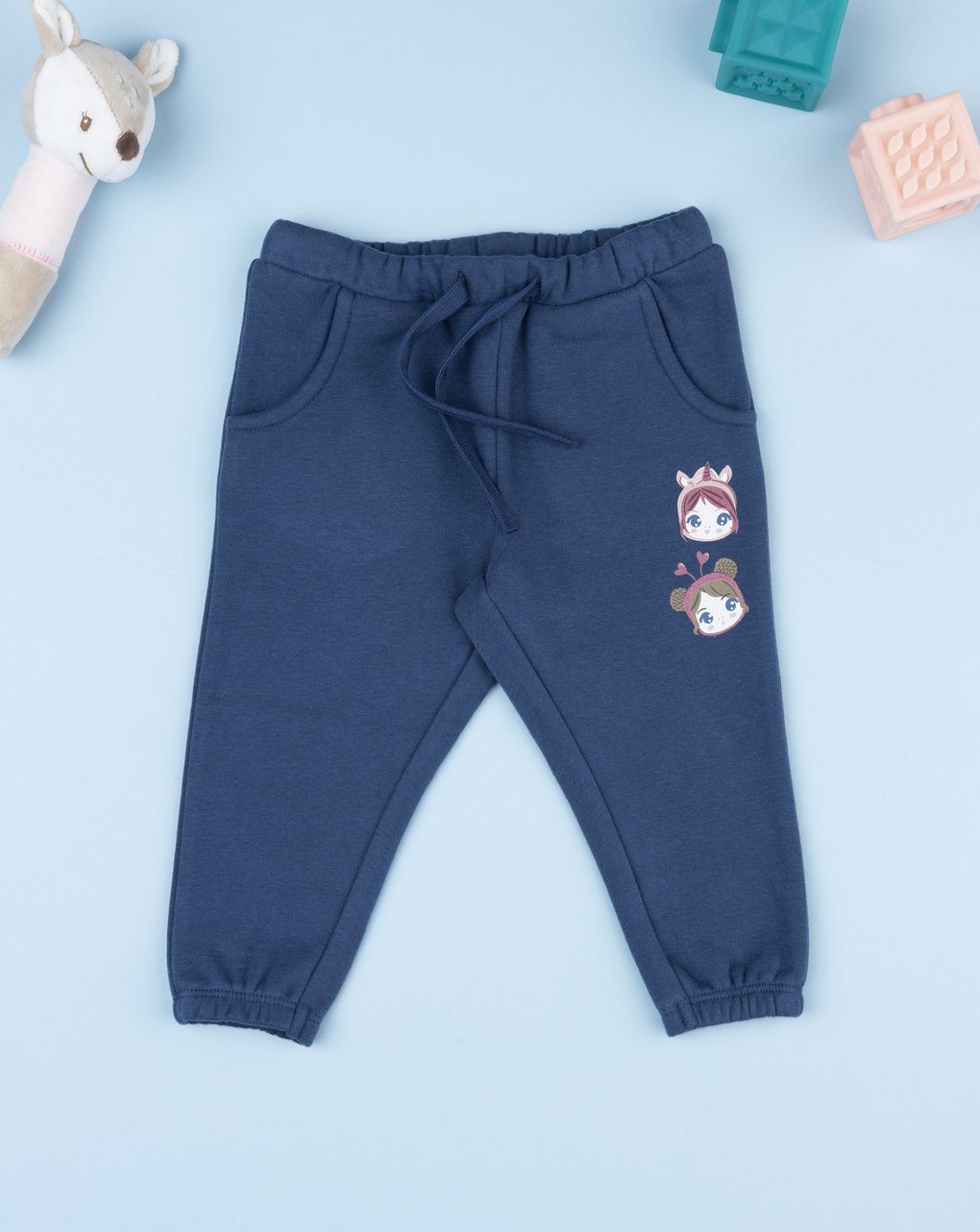 Pantalone felpato bimba blu con stampa