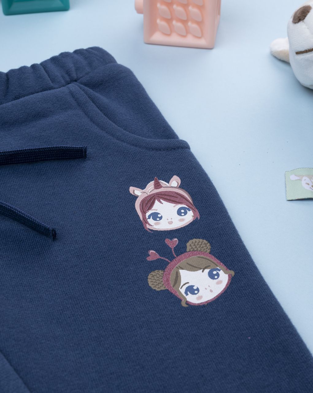 Pantalone felpato bimba blu con stampa
