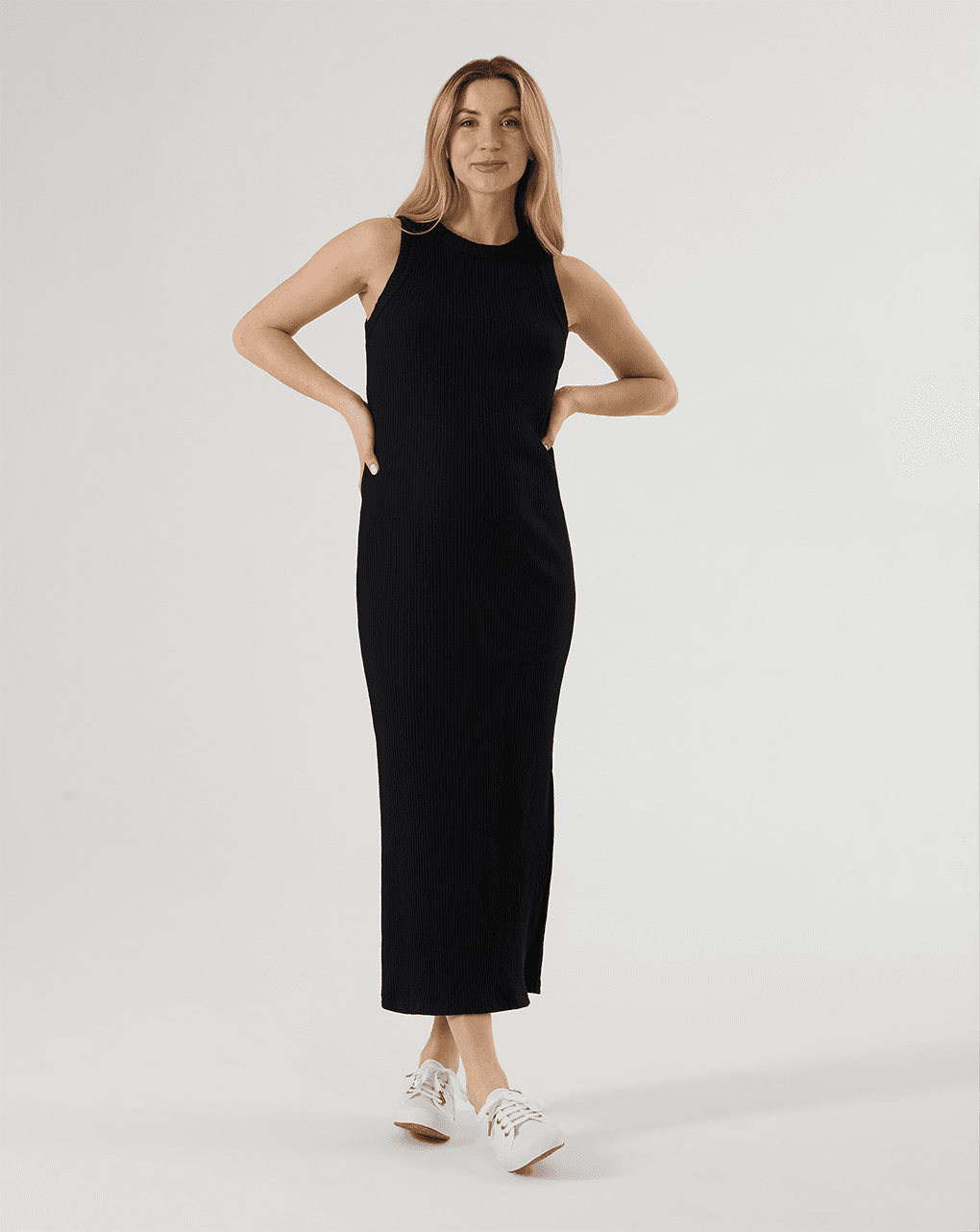 Abito lungo premaman nero in maglia a coste