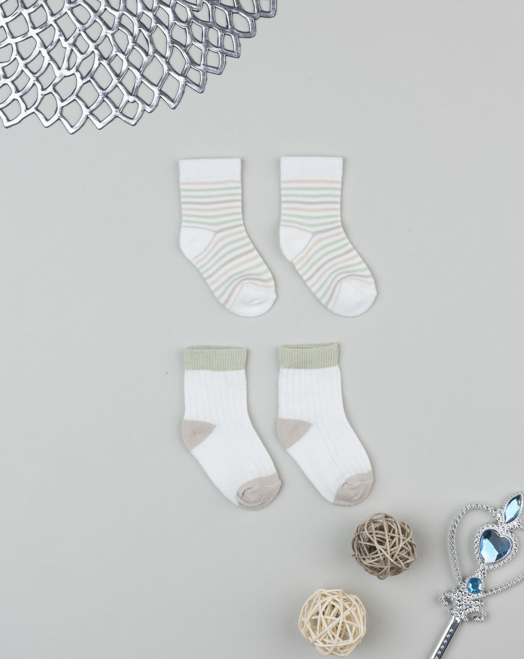 Pack due calze bimbo bianco/verde/beige