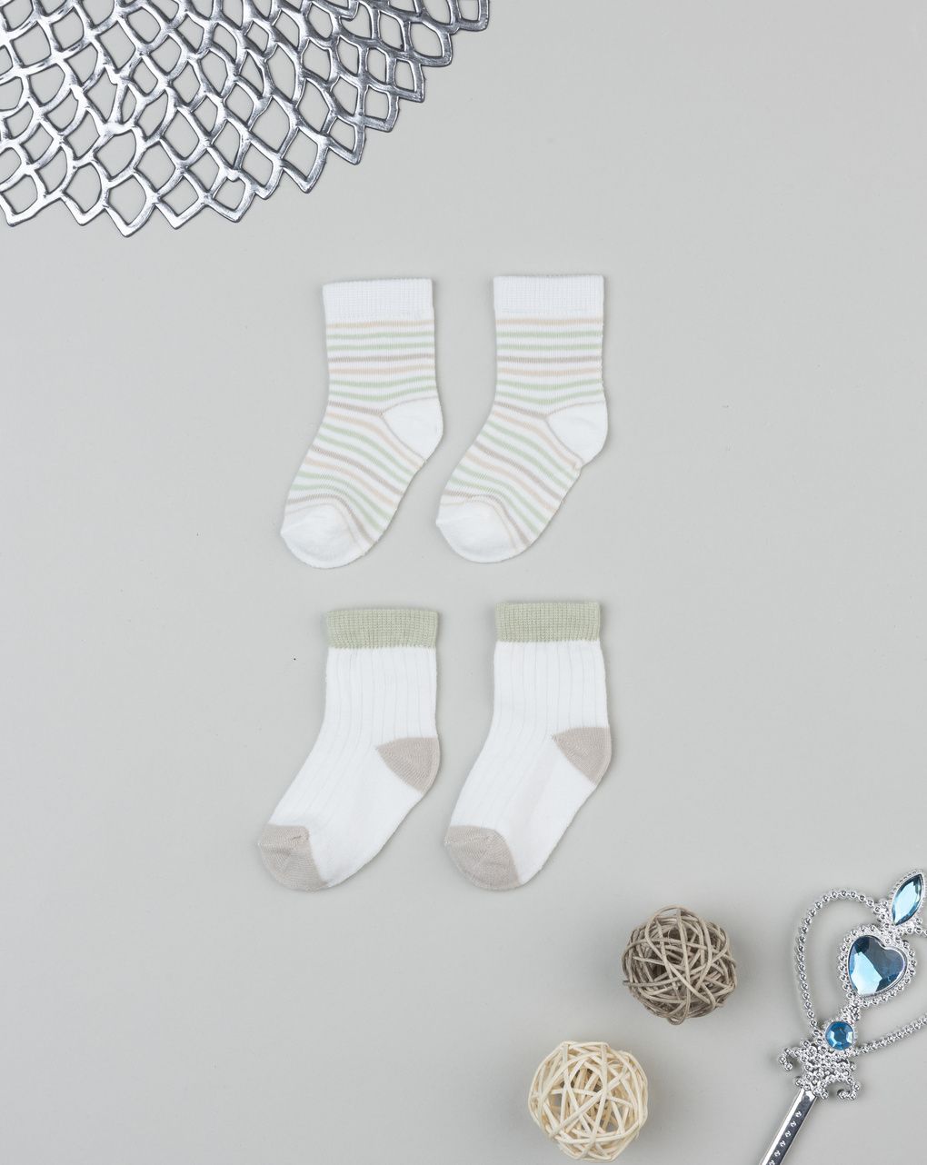 Pack due calze bimbo bianco/verde/beige