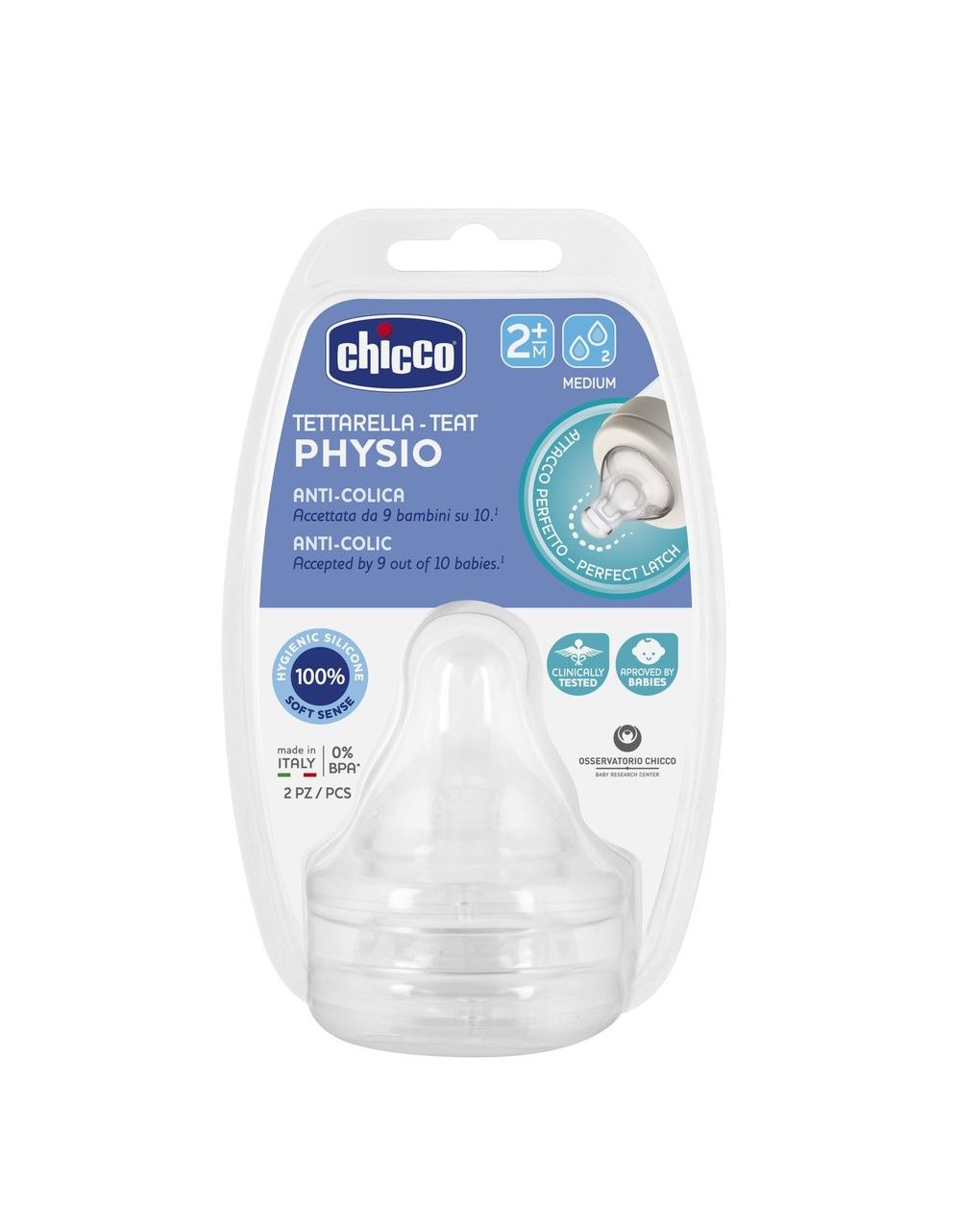 Tettarella physio - silicone 2m+ flusso medio 2pz - chicco