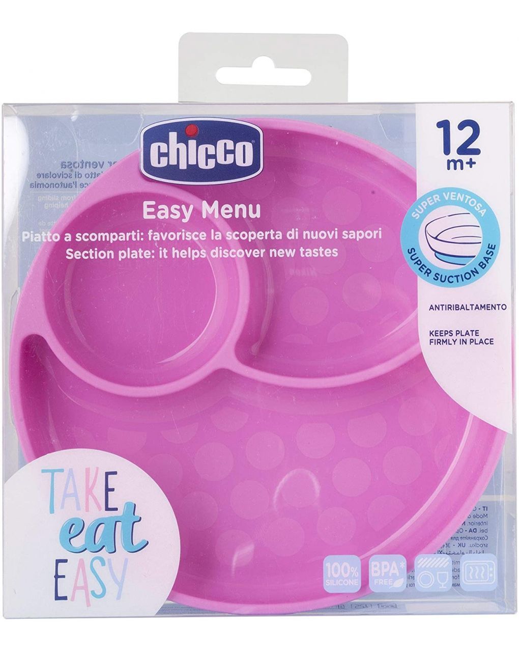 Piatto silicone a scomparti con ventosa 12 mesi + rosa - chicco