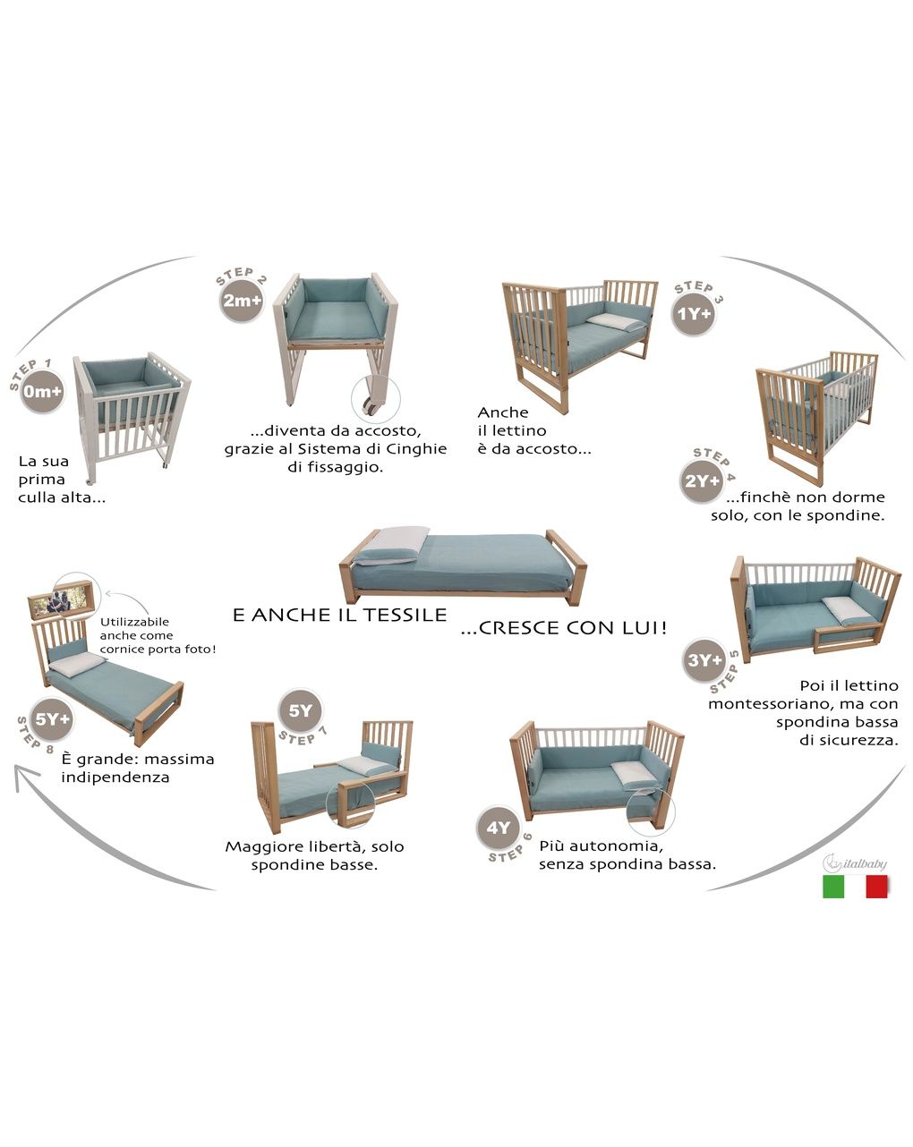 Letto infinito bianco c/tessile muslin sabbia - italbaby