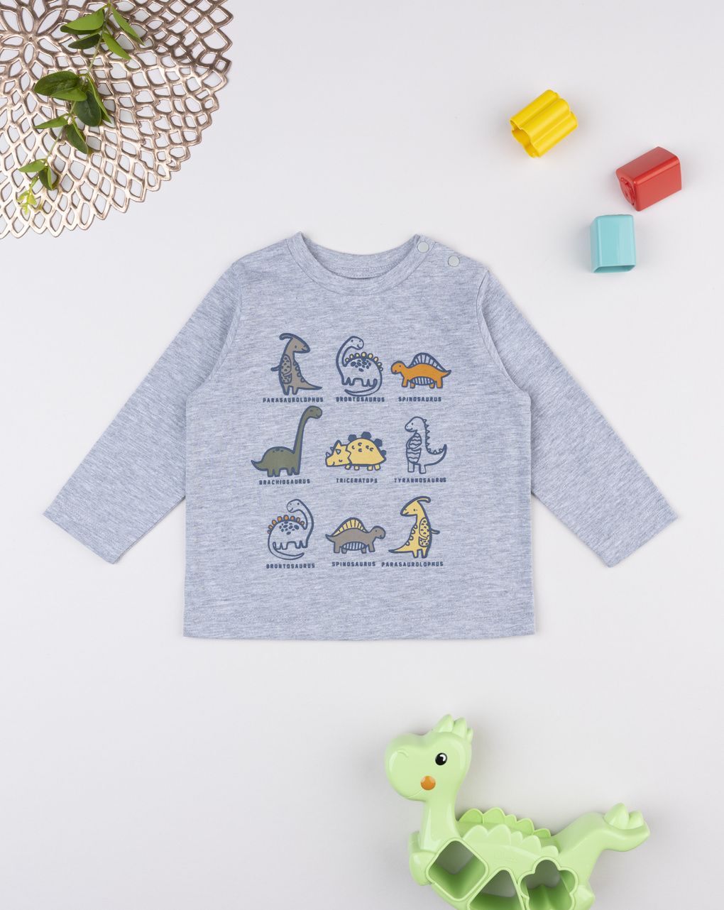 T-shirt bimbo grigia stampata dinosauri