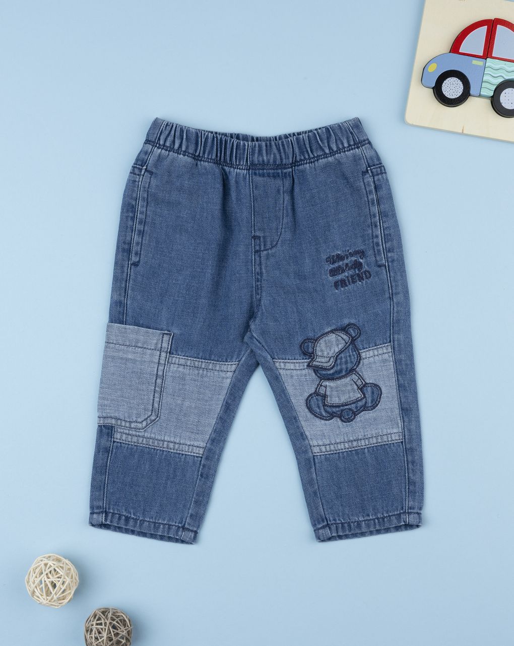Pantalone denim bi-color bimbo patch