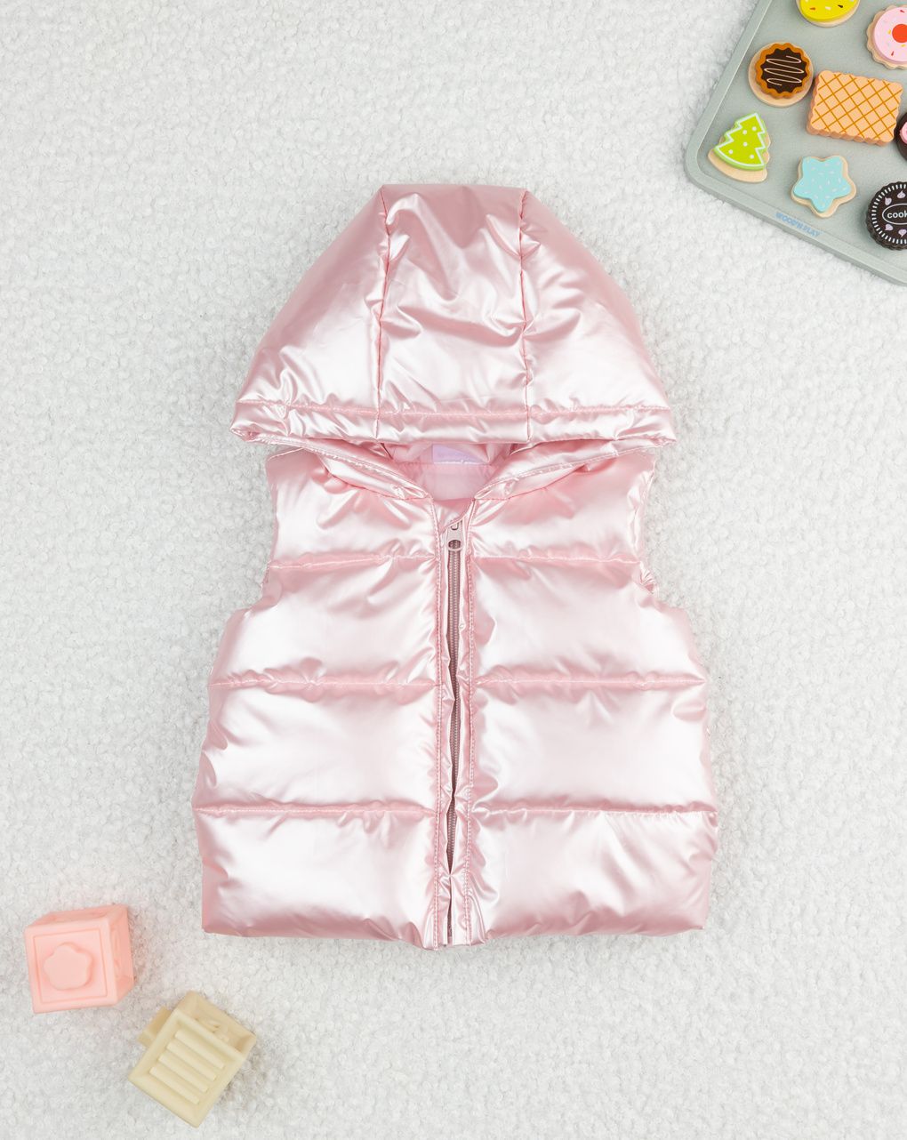 Gilet imbottito rosa bimba con cappuccio