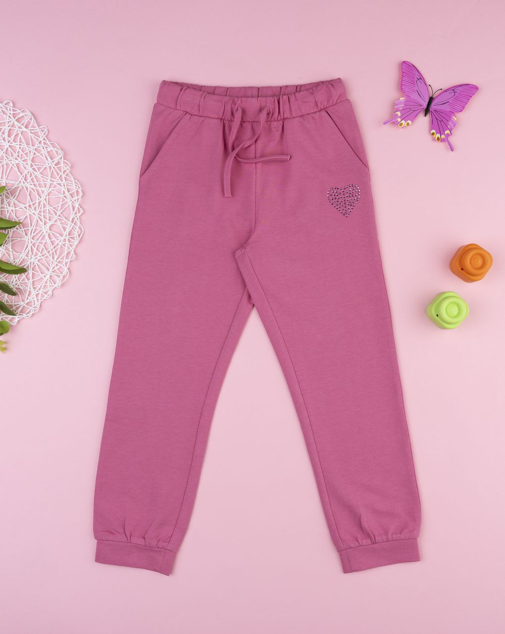 Pantalone bambina rosa cuore strass