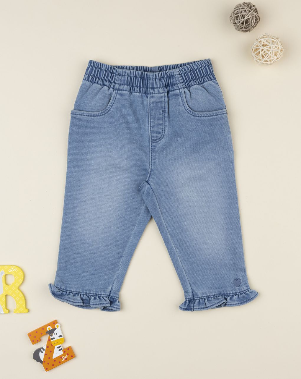 Pantalone denim bimba rouches