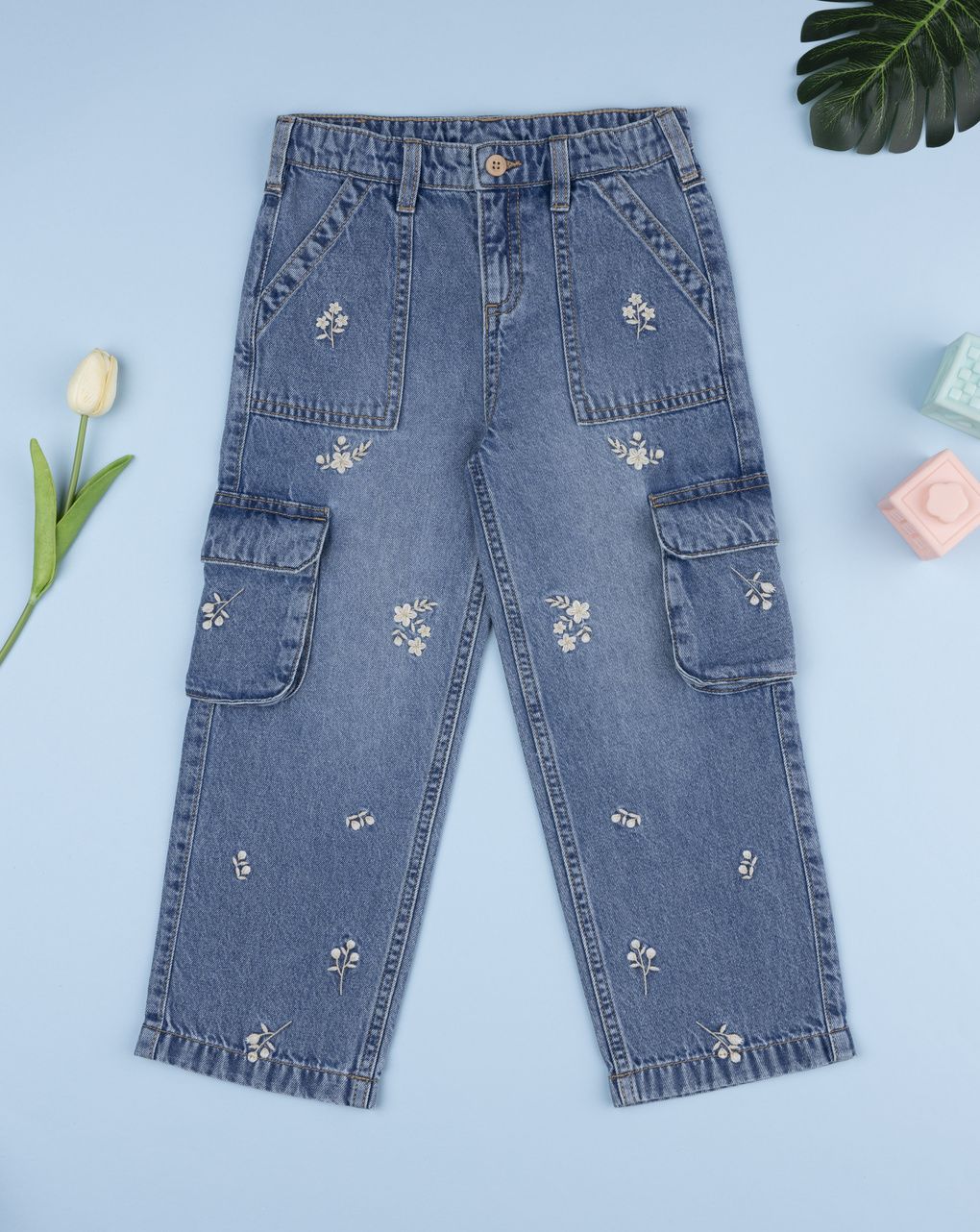 Pantalone cargo denim bimba fiorellini