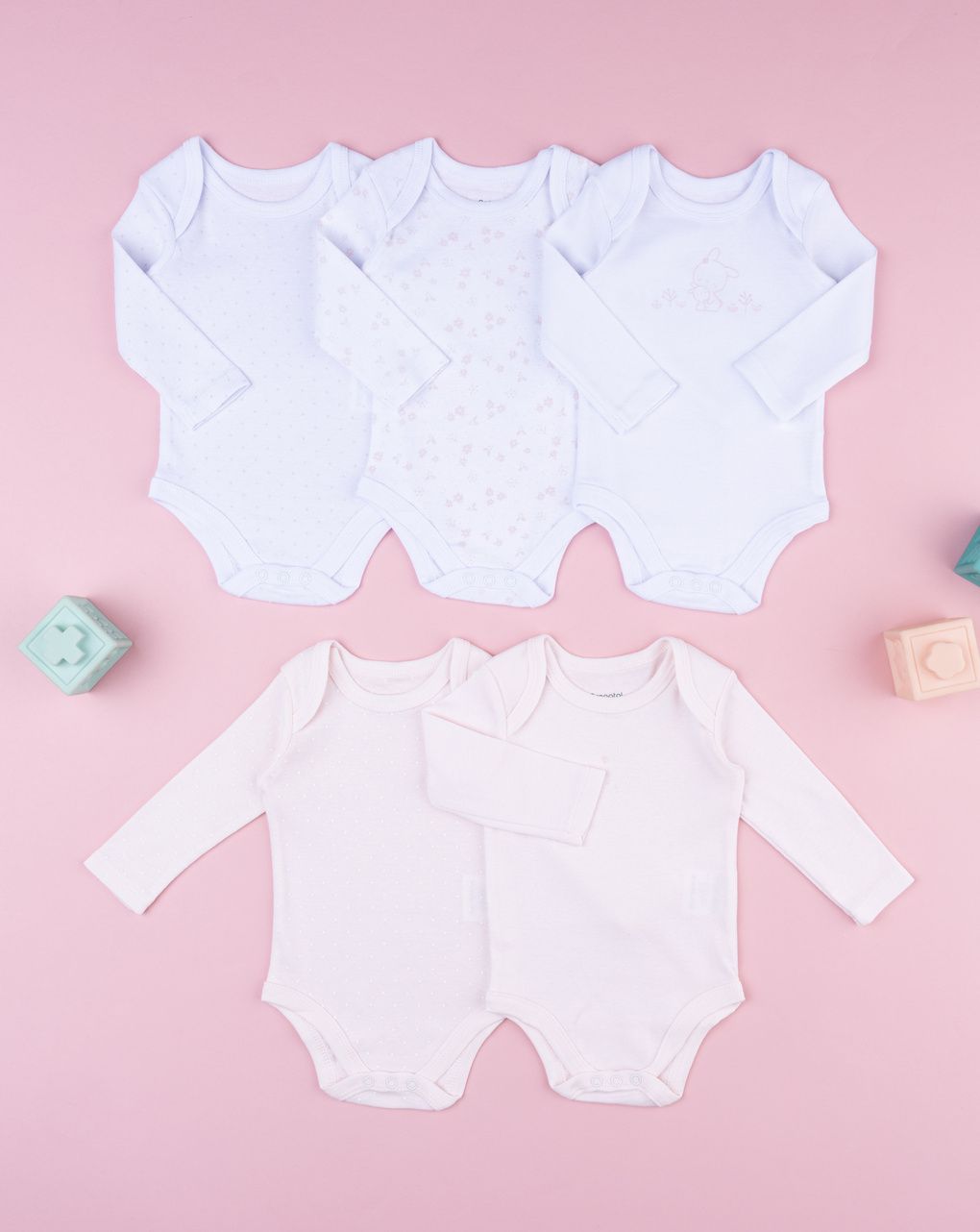 Pack 5 body bimba a costina bianco/rosa