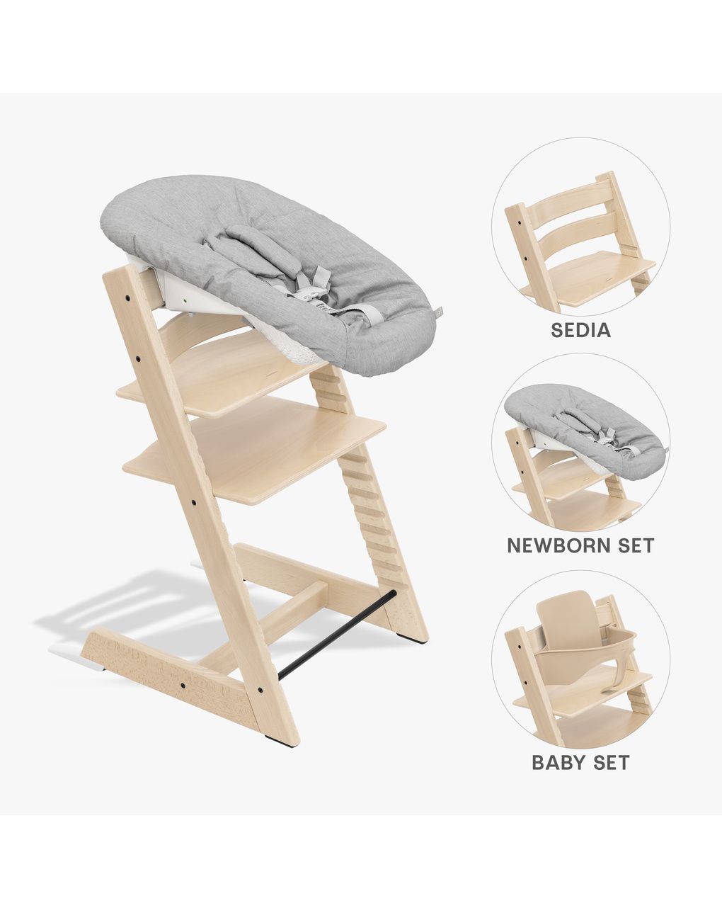 Pack seggiolone tripp trapp® naturale sedia + babyset + newborn set grigio - personalizzabile - stokke®