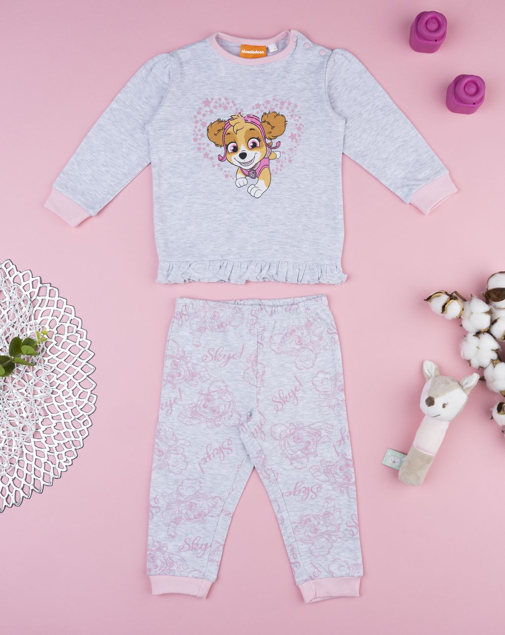 Pigiama due pezzi bimba paw patrol grigio/rosa