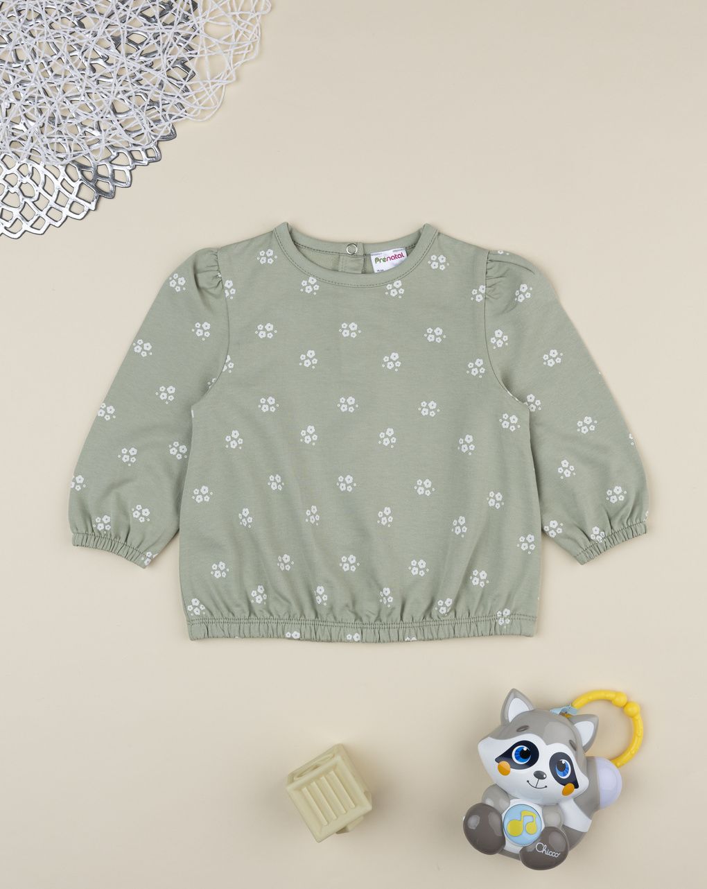 Felpa bimba verde stampa fiori bianchi