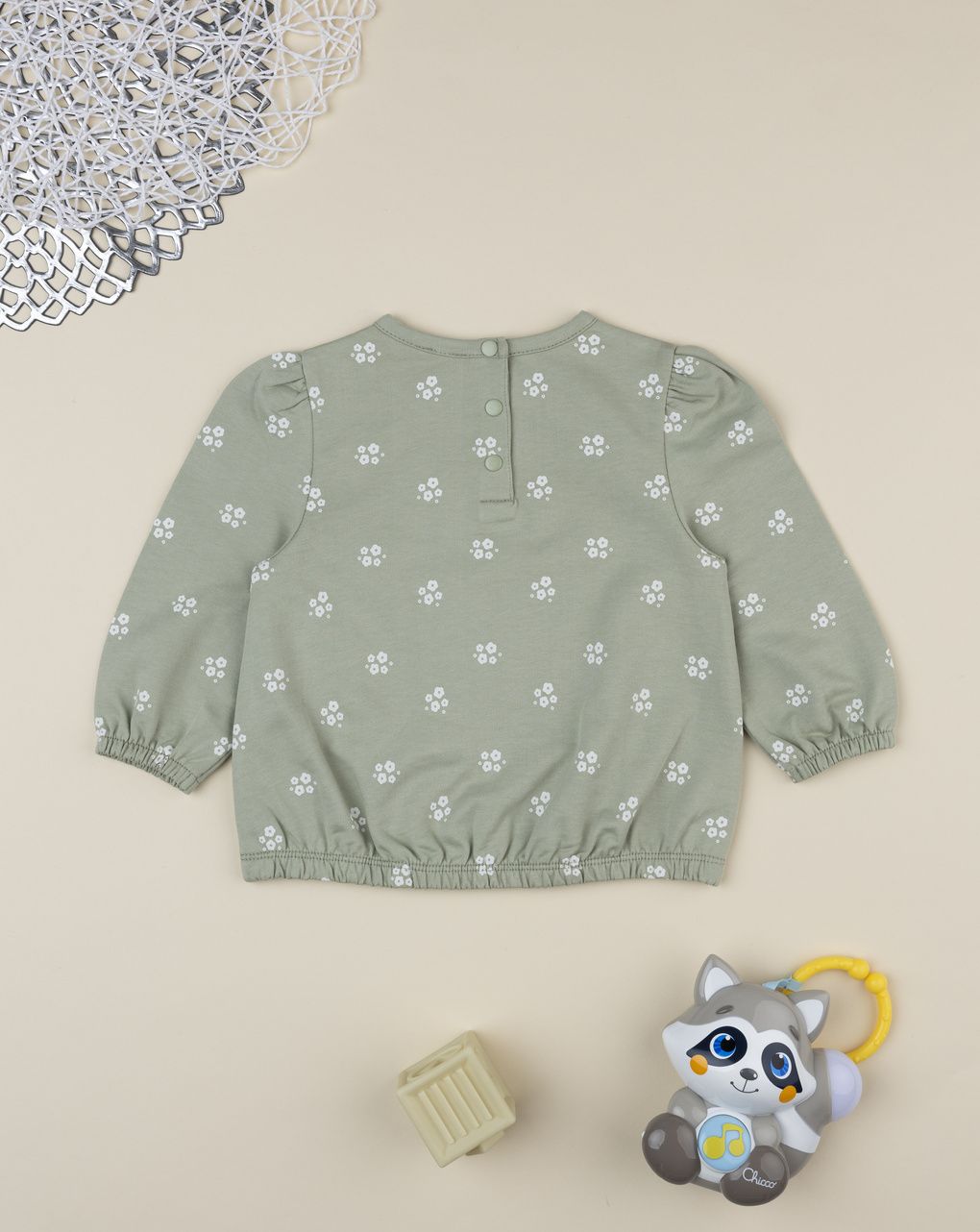 Felpa bimba verde stampa fiori bianchi