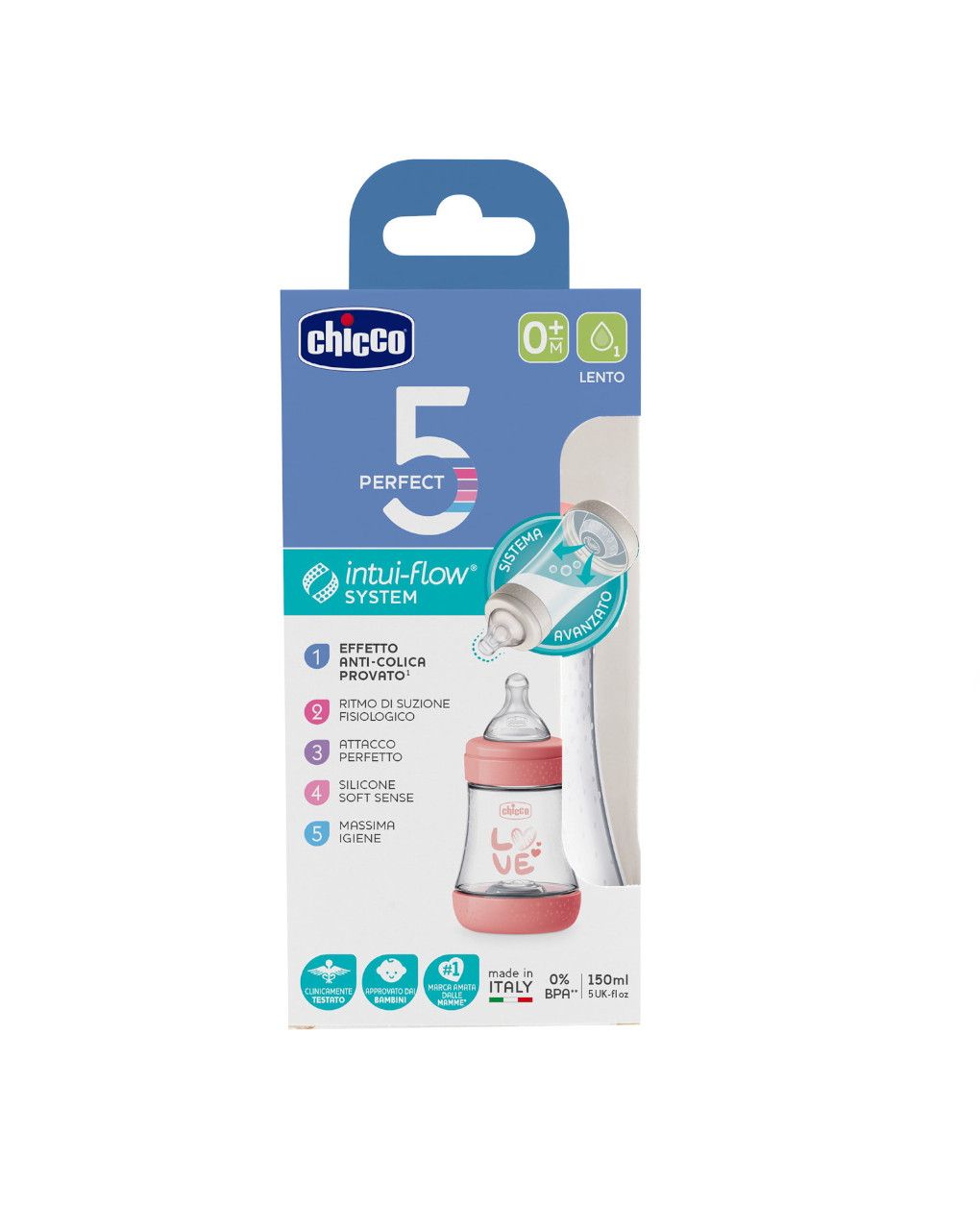 Biberon perfect5 rosa 150ml in silicone 1 foro - chicco