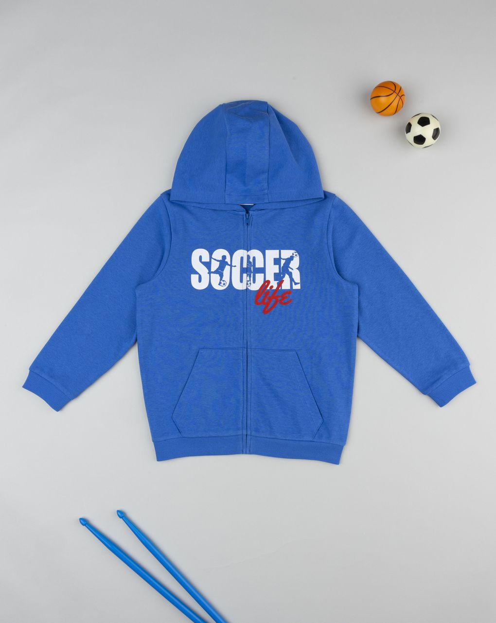 Felpa bambino blu stampa soccer con cappuccio