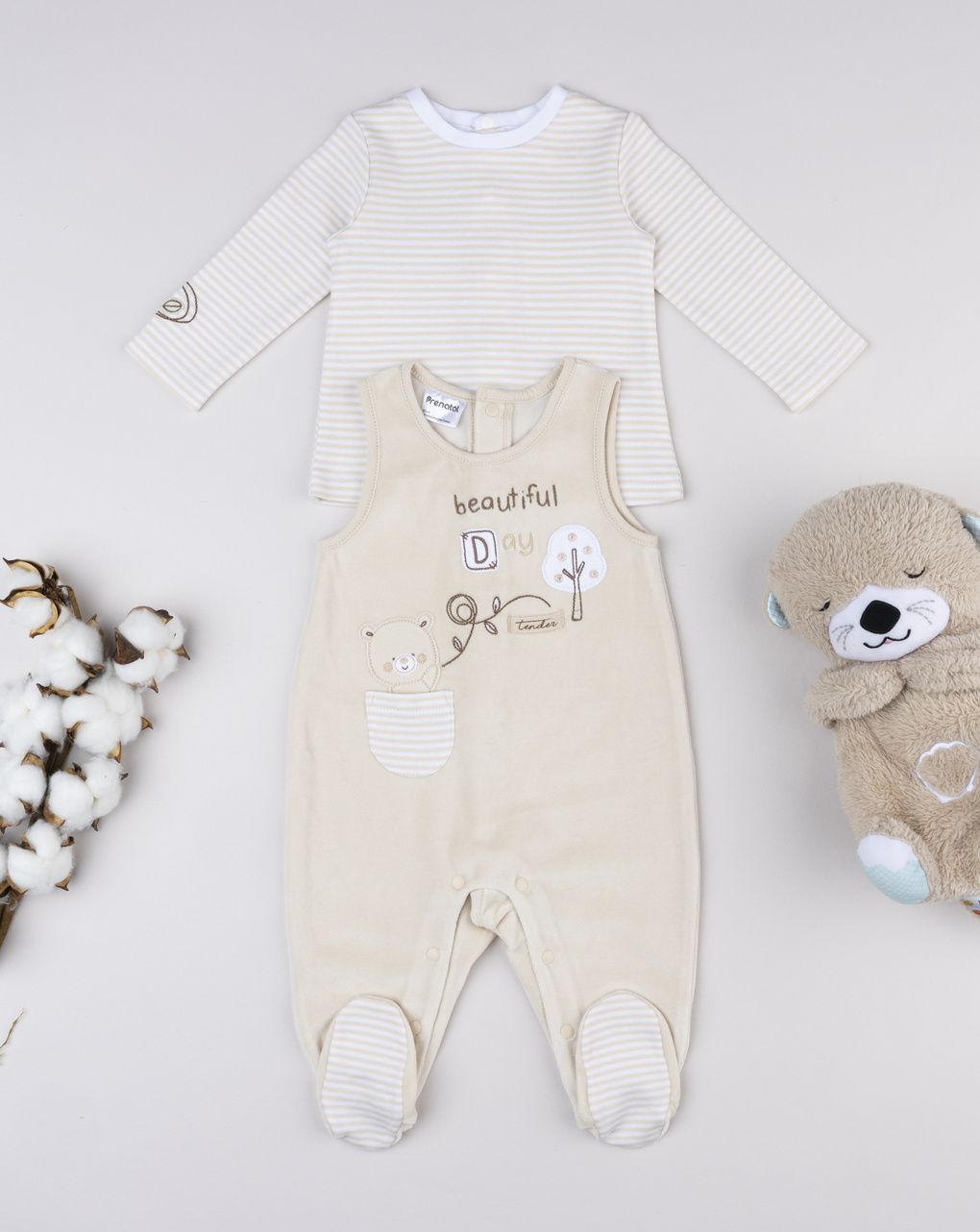Completo ciniglia beige neonato t-shirt +salopette