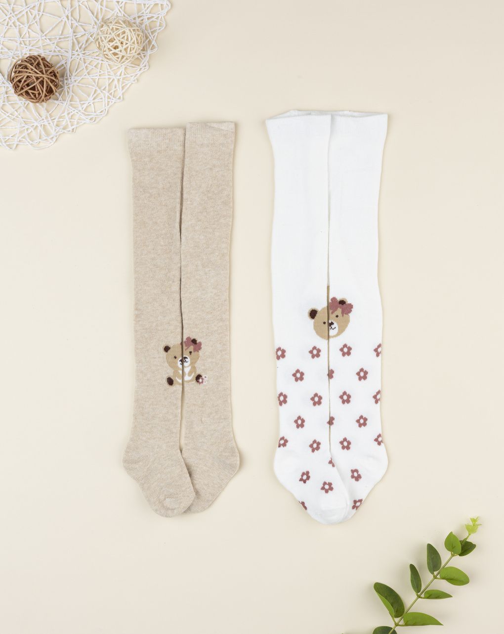 Pack 2 collant bimba bianco/beige orsetto