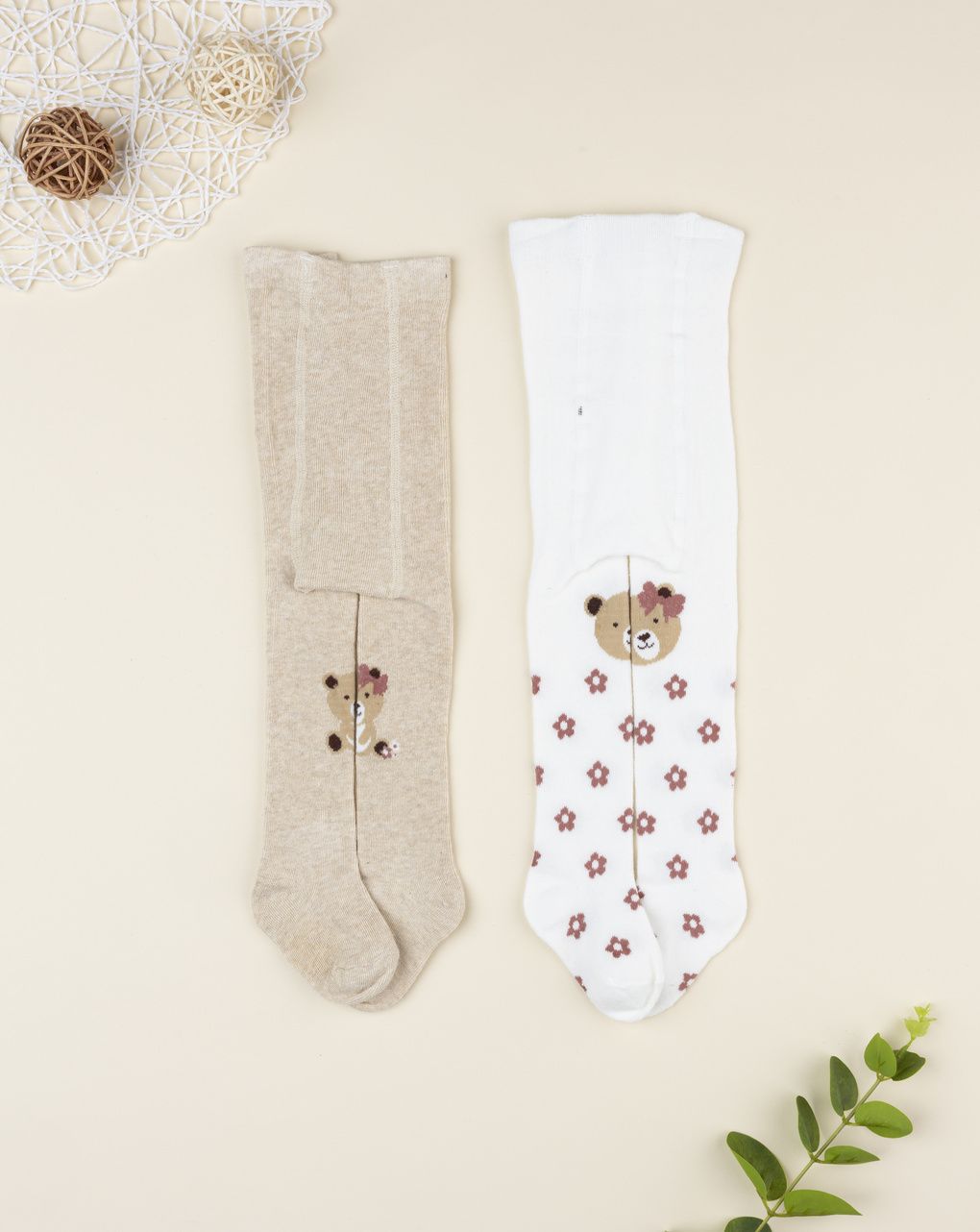 Pack 2 collant bimba bianco/beige orsetto