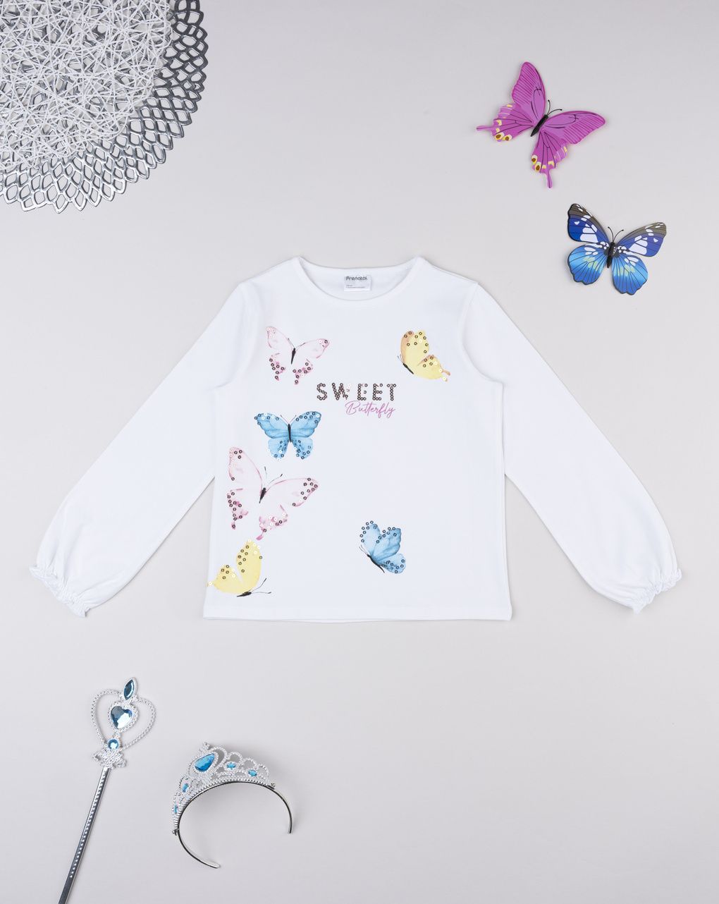 T-shirt bambina bianca farfalle pailettes