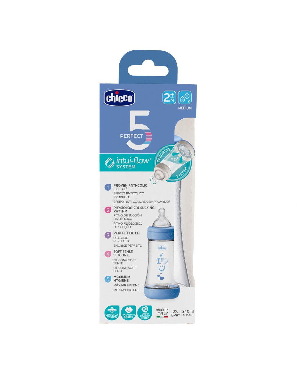 Biberon perfect5 azzurro 240ml in silicone 2 fori - chicco