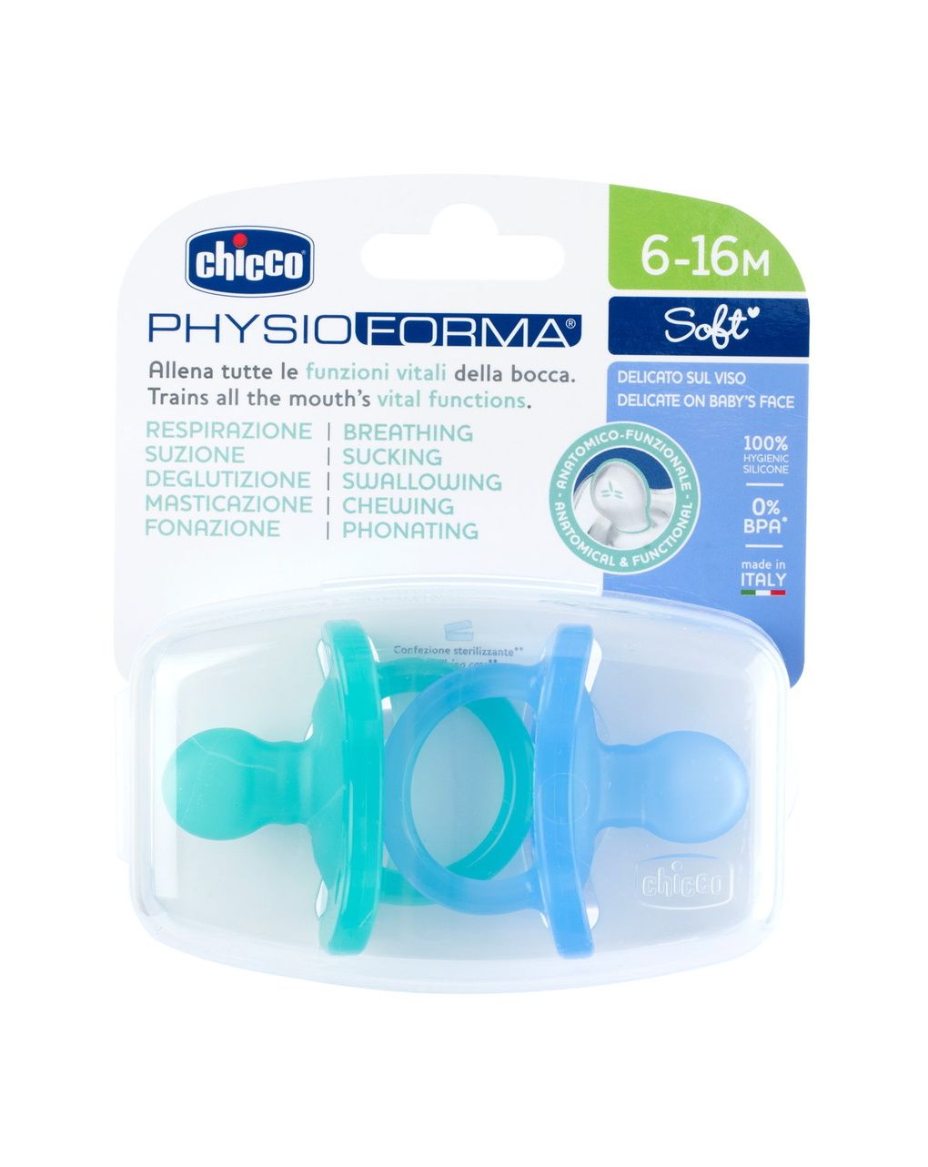 Gommotto physioforma blu/verde in silicone 2 pezzi | 6-16 mesi - chicco