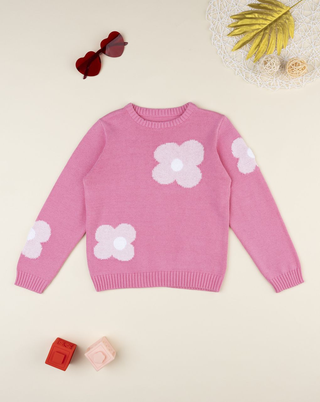 Maglia tricot rosa bambina fiori