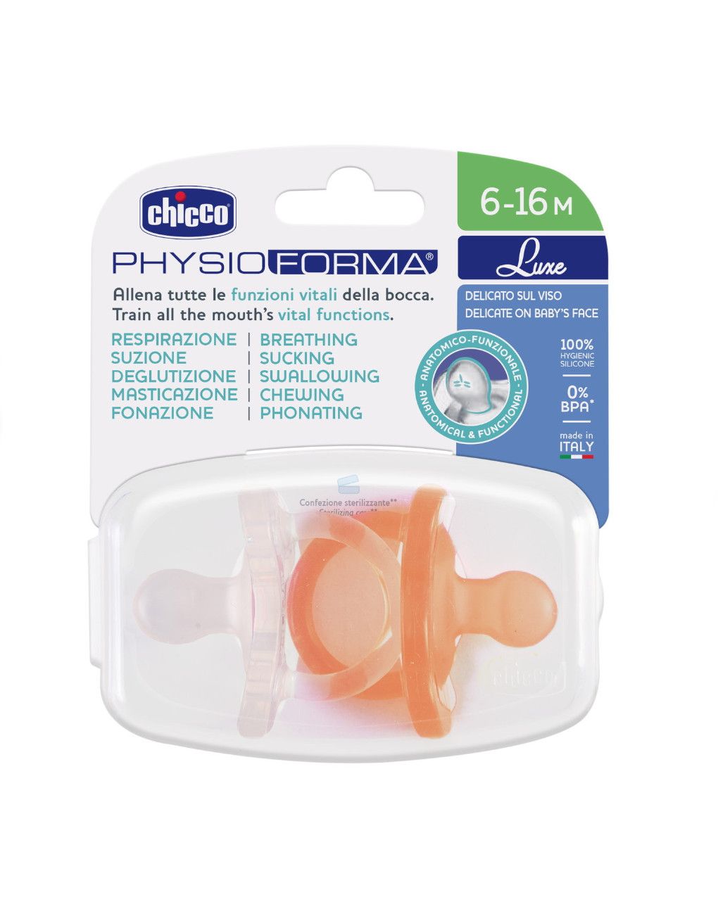 Gommotto silicone luxe 6-16m 2pz arancio/trasparente - chicco