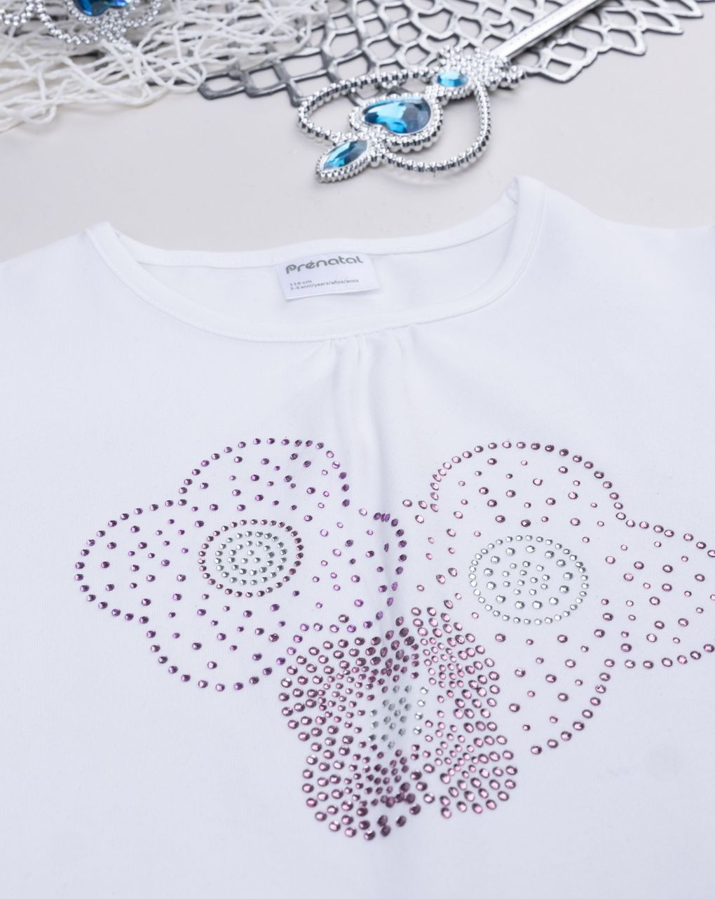 T-shirt bambina bianca fiori strass