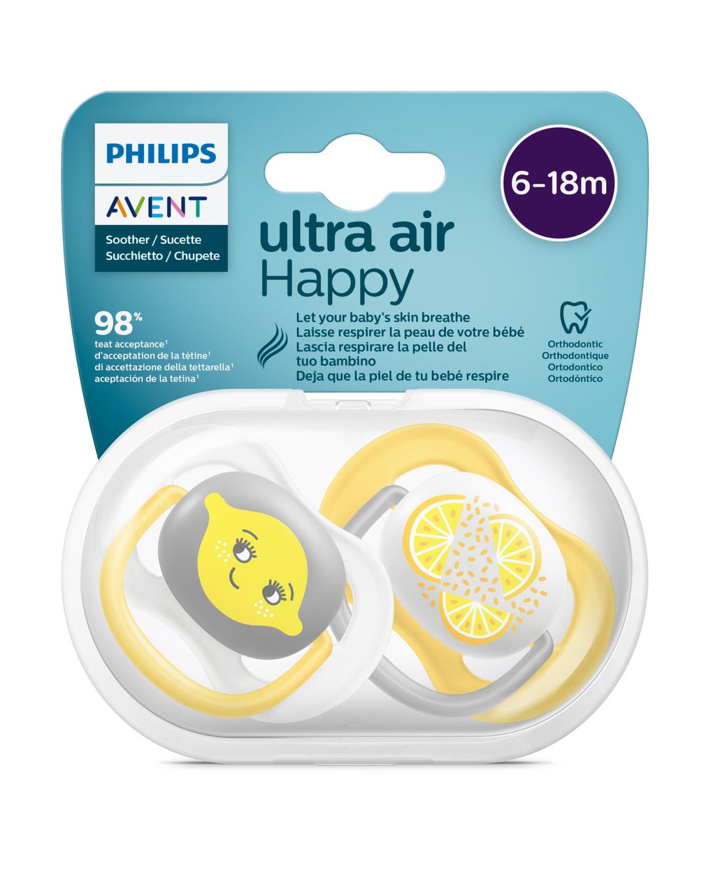 2 ciucci ultra air collection 6-18 mesi decorazione limone/arancia - philips avent